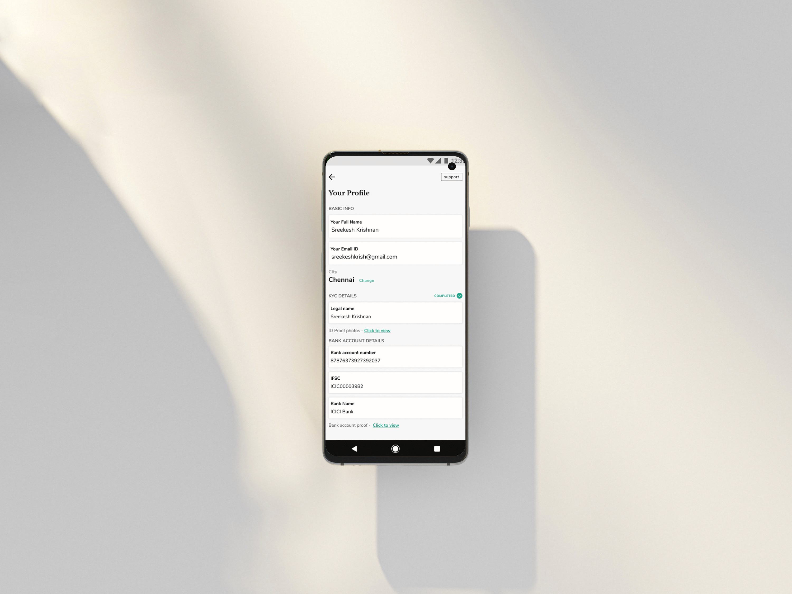 Mobile UI showing user profile, KYC and bank details in DigiGold app