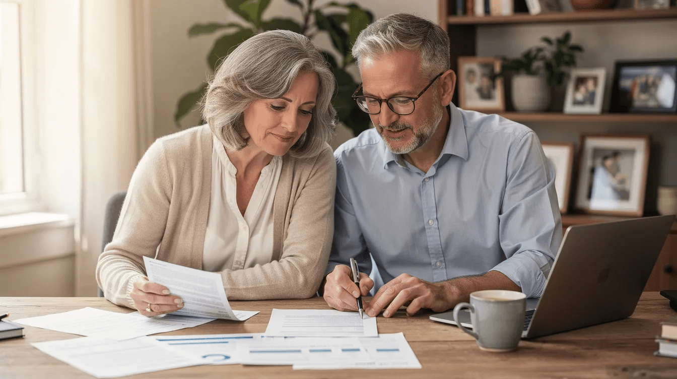 A mature couple sits together in a cozy home office, reviewing various financial documents related to their retirement accounts, including options like traditional and Roth IRAs, and discussing their retirement savings plans. The warm atmosphere highlights their focus on understanding types of retirement plans and making informed decisions for their financial future.
