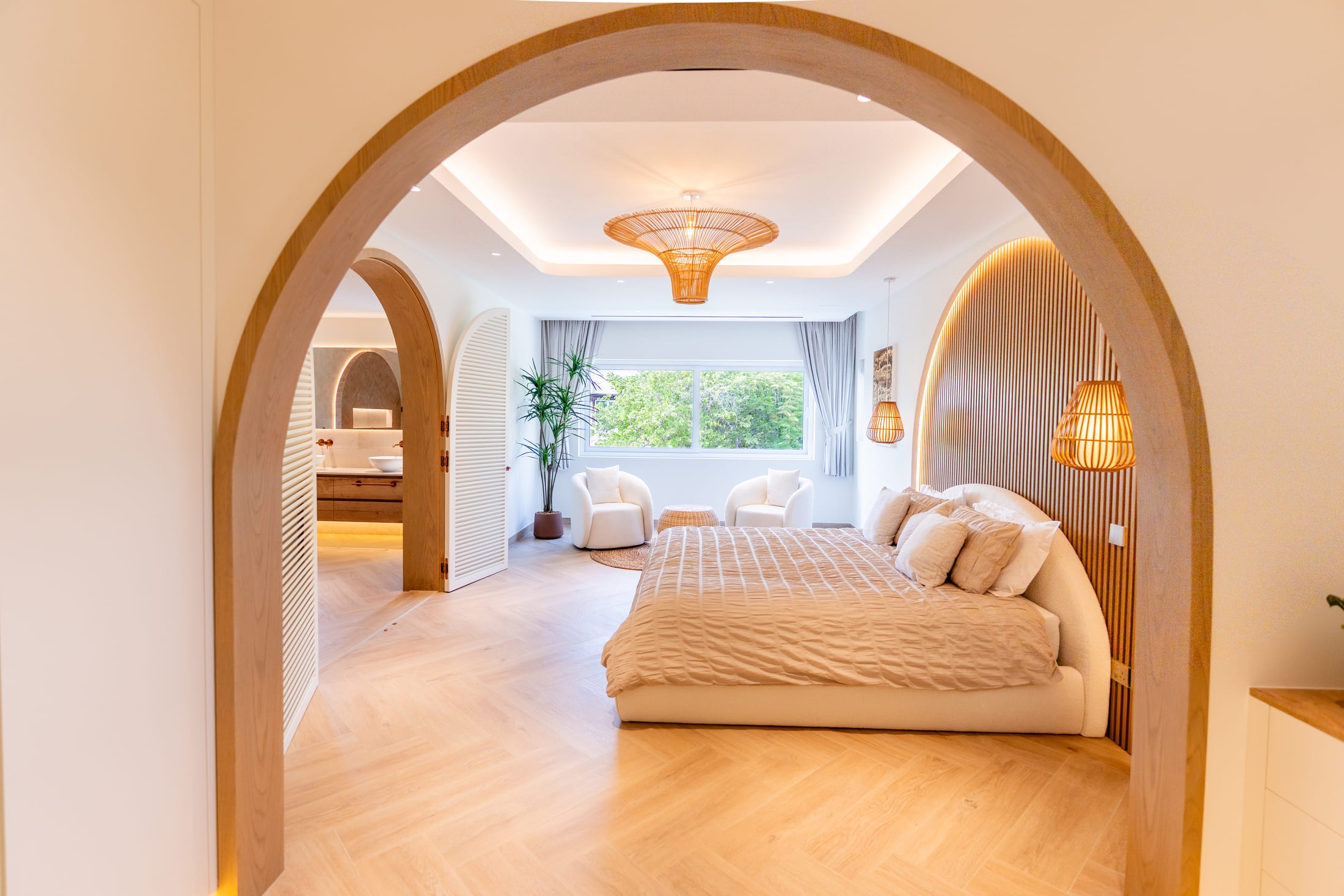 Picture of a bedroom with a glass window 