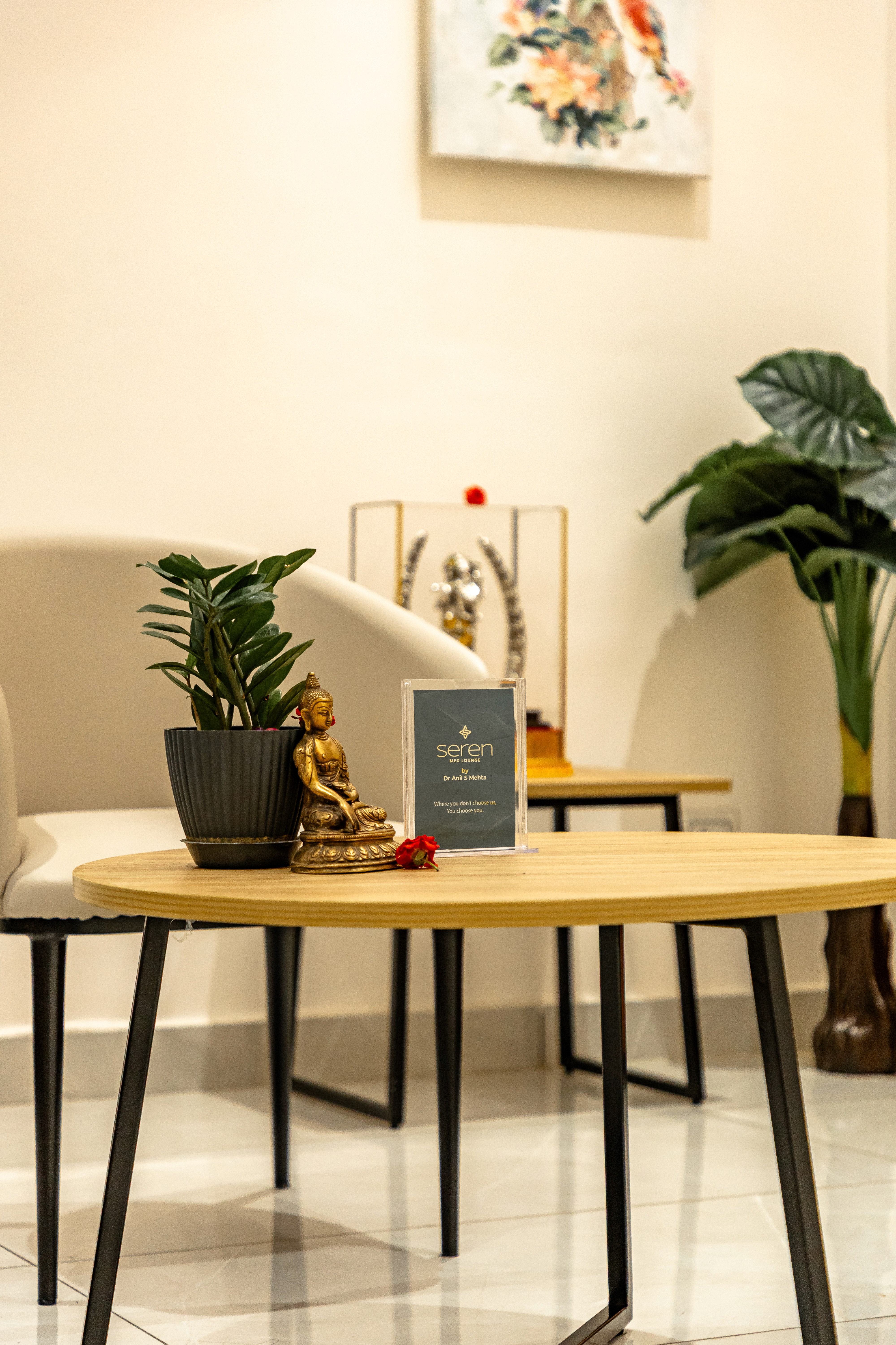 Elegant room at Seren Med Lounge with a table, indoor plants, and a photo stand displaying the Seren logo.