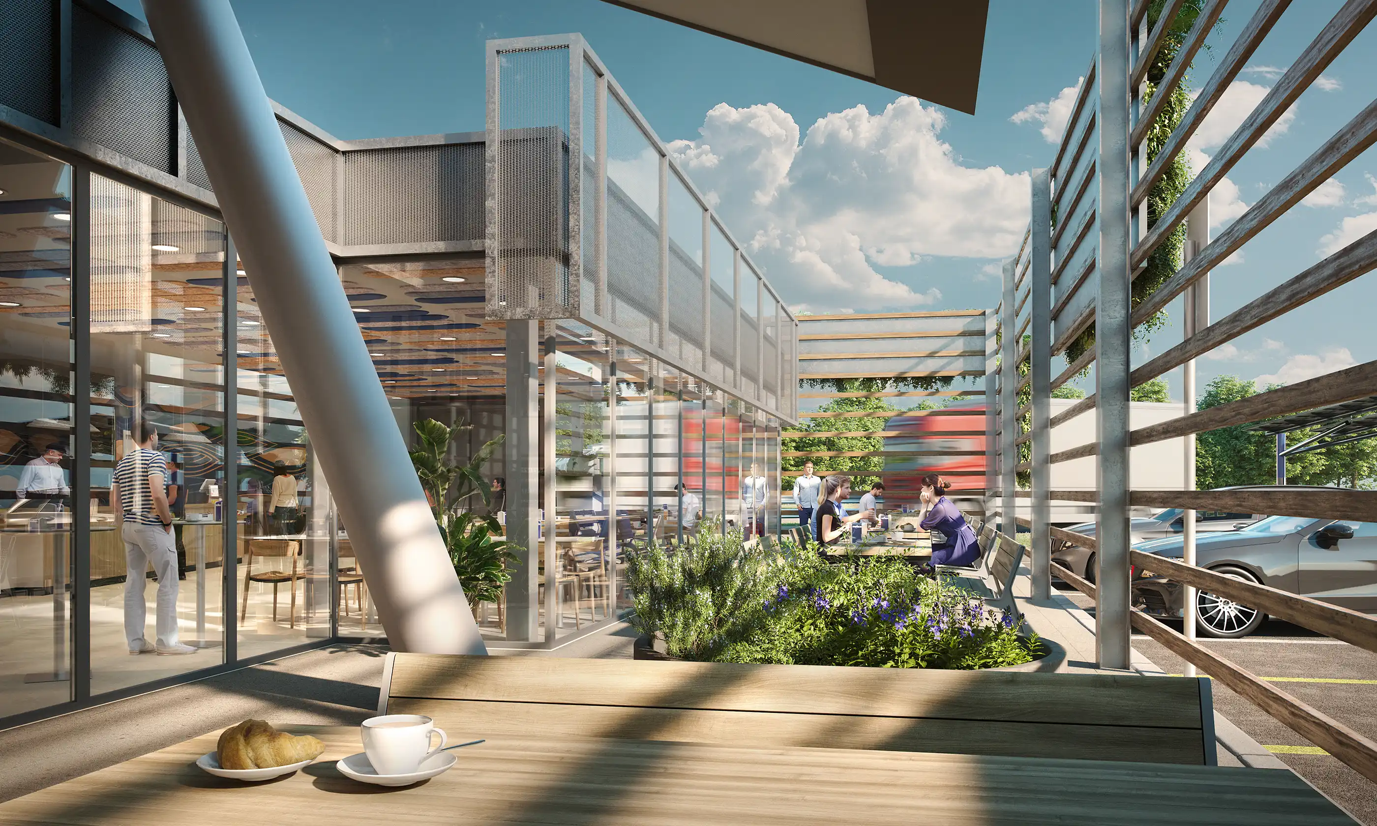 Modern open-air café with glass walls, upper-level walkway, and outdoor seating under blue sky. Contemporary hospitality design with passing red bus in background.