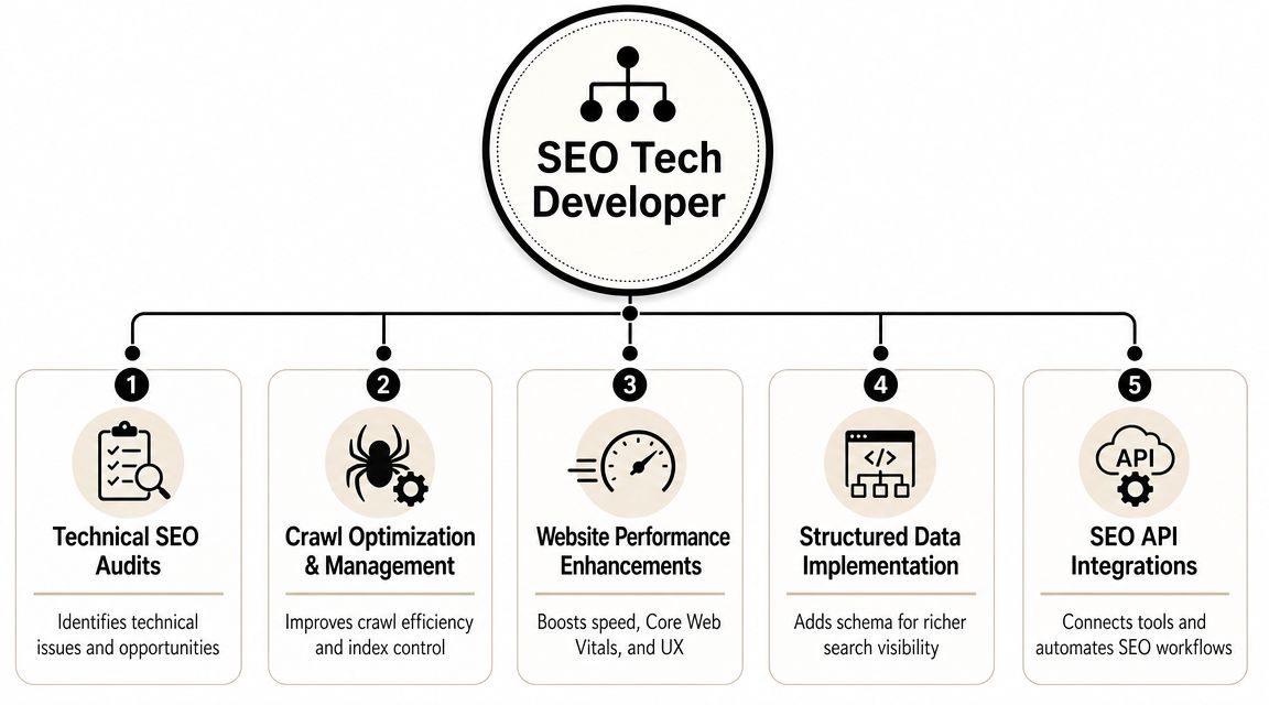 A diagram outlining five core responsibilities of an SEO tech developer, including audits, crawl optimization, performance, and integrations.