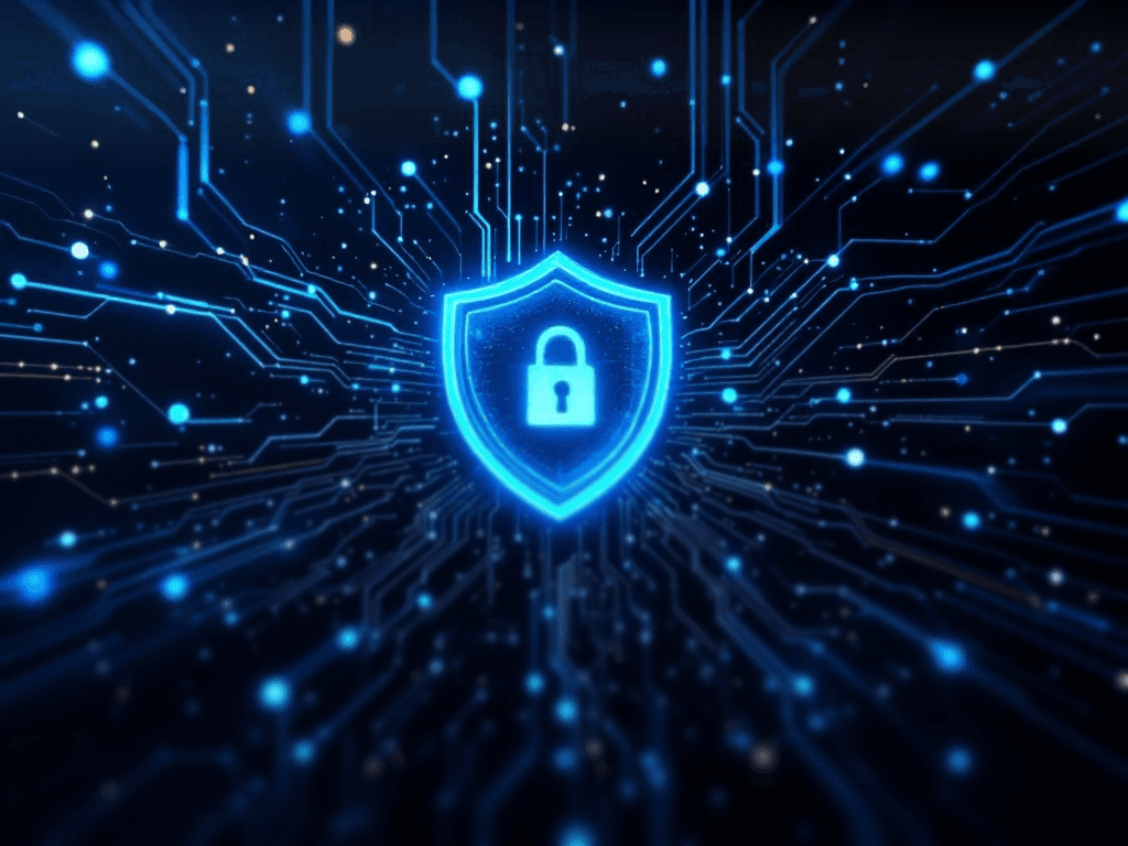 Cyber security shield with a lock in the center