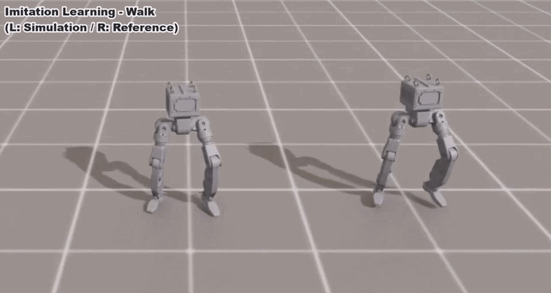 In simulation, the bipedal platform (left) walks by following a reference motion prepared in advance (right). The more closely it follows the motion built by model-based control, the higher the reward it receives.