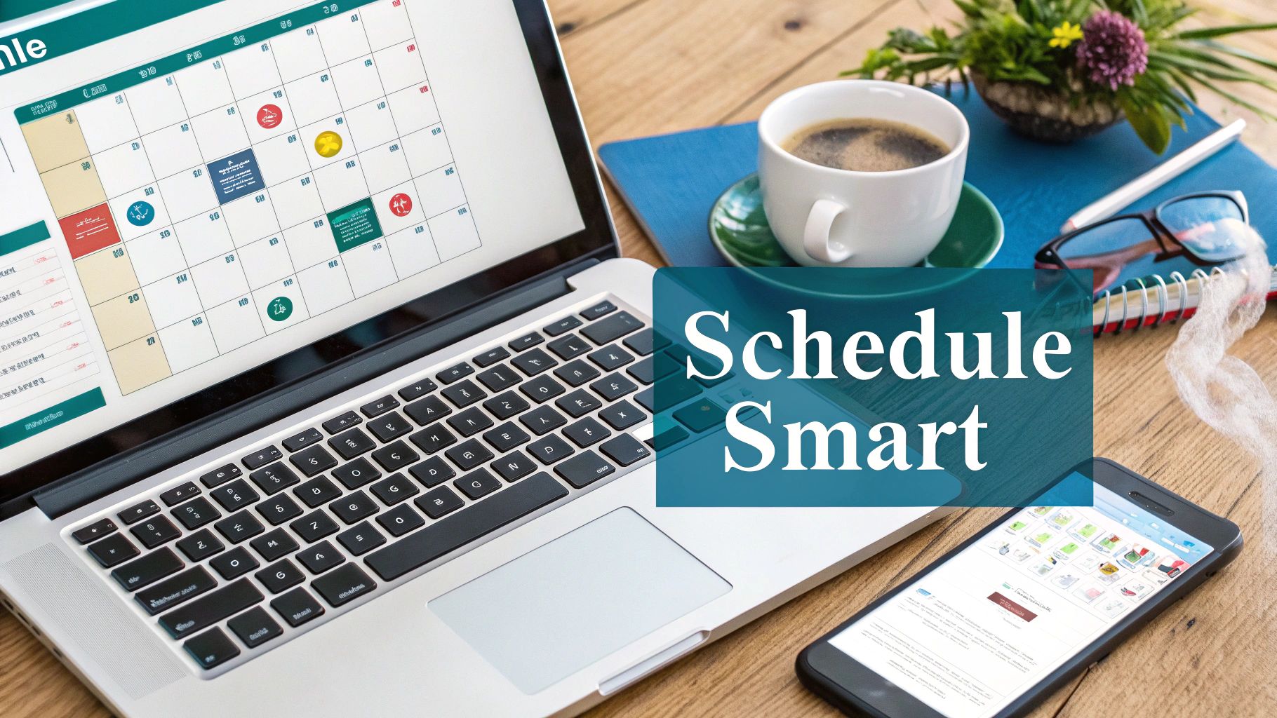 A laptop displaying a digital calendar application, with coffee, a notebook, and a smartphone on a wooden desk.