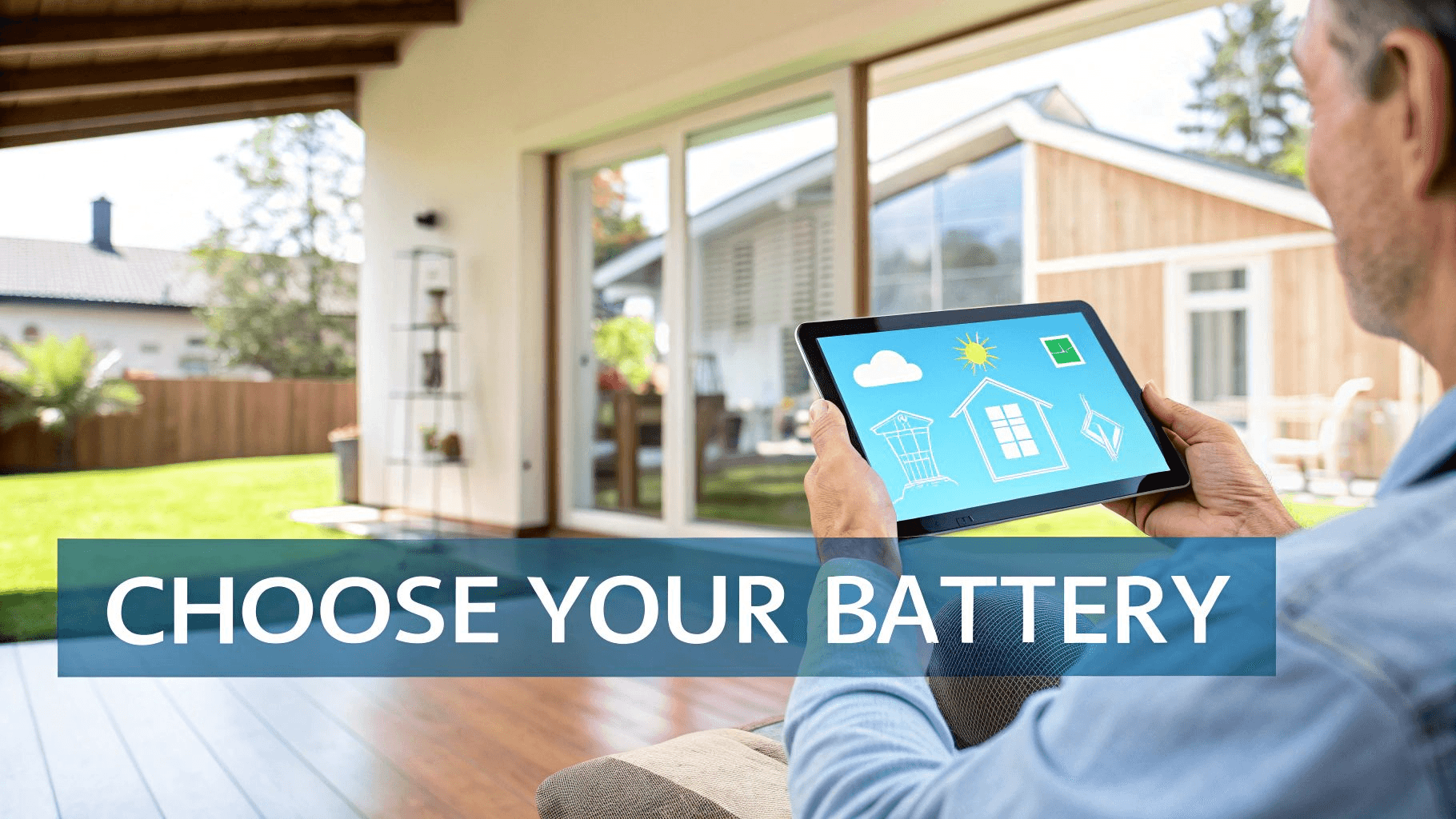 a man looking at a tablet with the text 'choose your battery' in the foreground