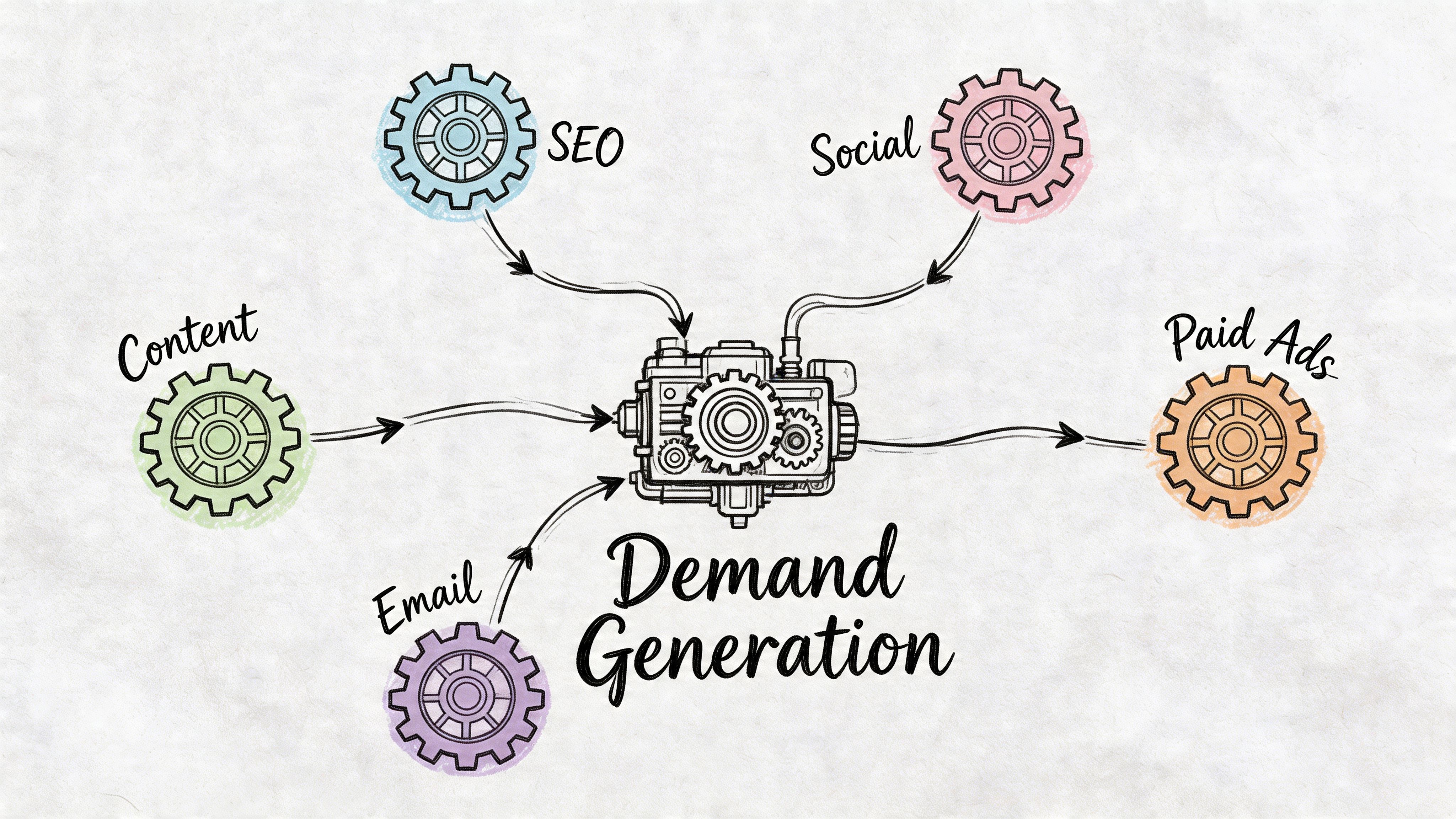 A diagram illustrating demand generation showing various marketing channels like SEO, social, content, email, and paid ads.