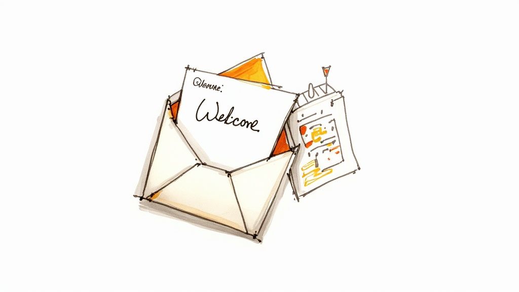 A hand-drawn illustration of an open envelope with a 'Welcome' card and a document.