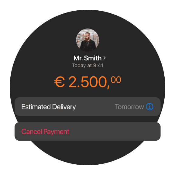 Digitale transactie-interface toont een betaling van €2.500 aan een gebruiker genaamd Mr. Smith, met bezorg- en annuleringsopties, benadrukkend bunq’s uitgestelde betalingsbescherming.