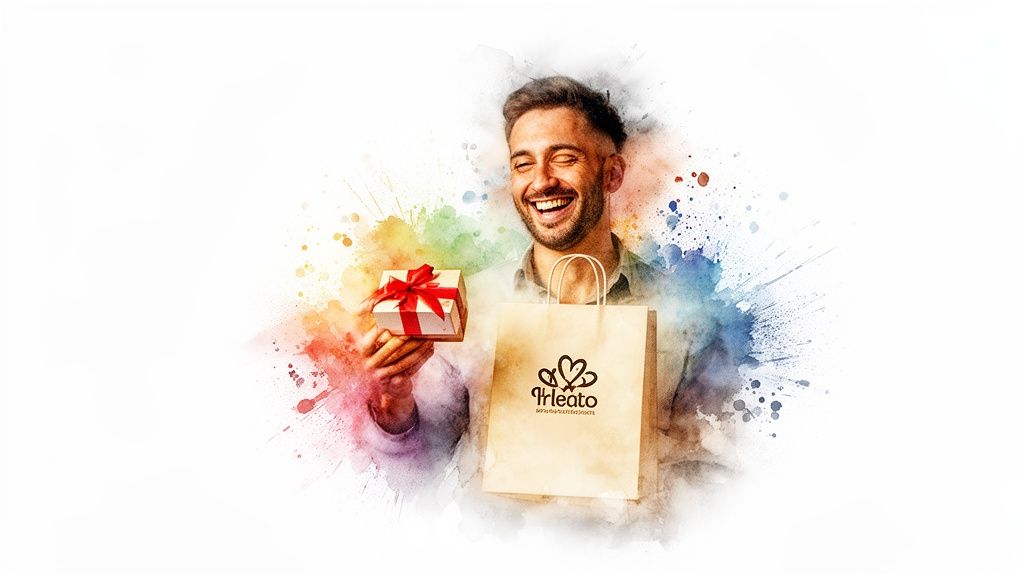 A happy man smiling laughing and holding a small gift box and a shopping bag.