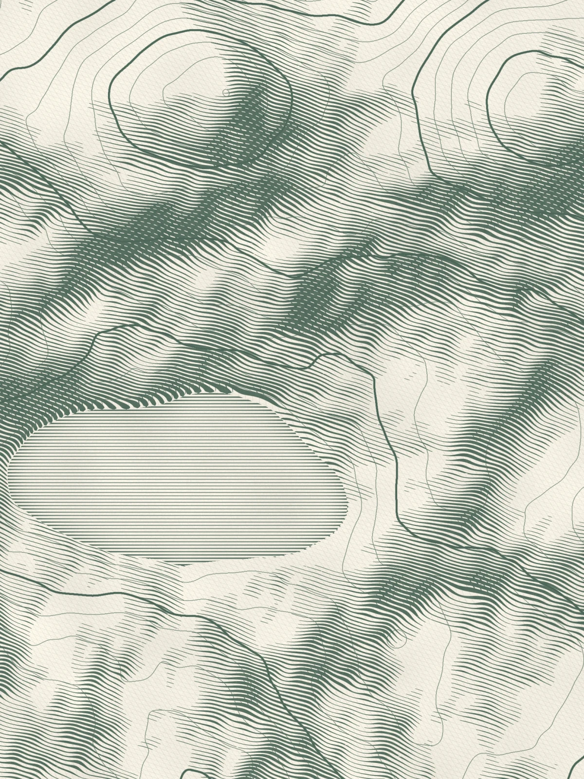 An engraved relief map of the hills, the lake and the trail between every experience