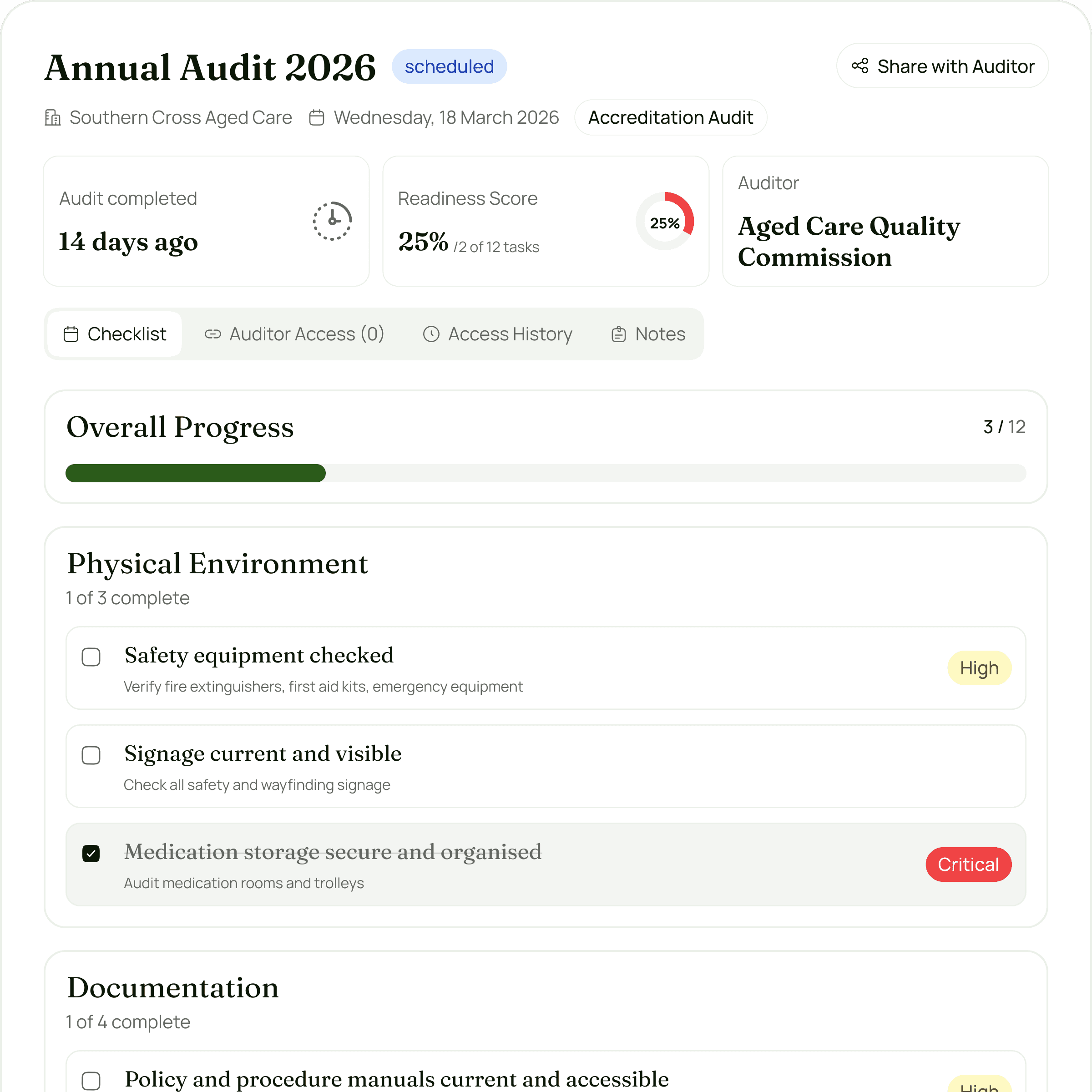 Audit record interface with compliance checks, evidence logs, and issue tracking