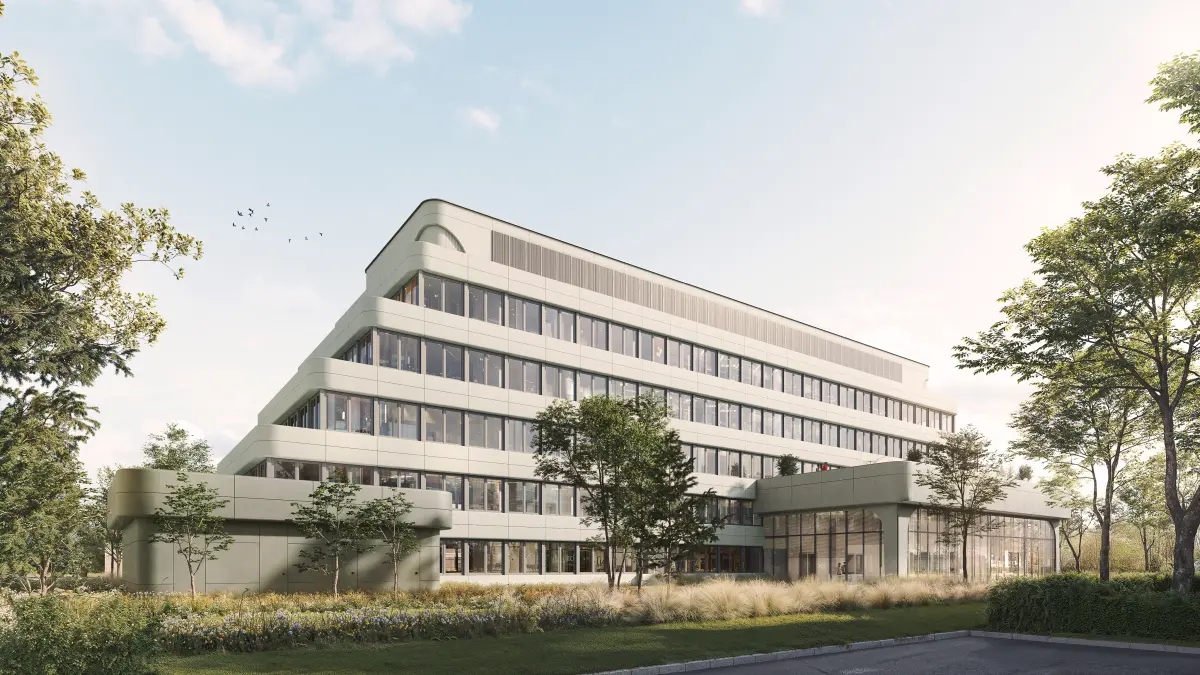 Isometrische Zeichnung eines Bauprojekts mit mehreren Gebäuden und markierten Strukturen in Rot