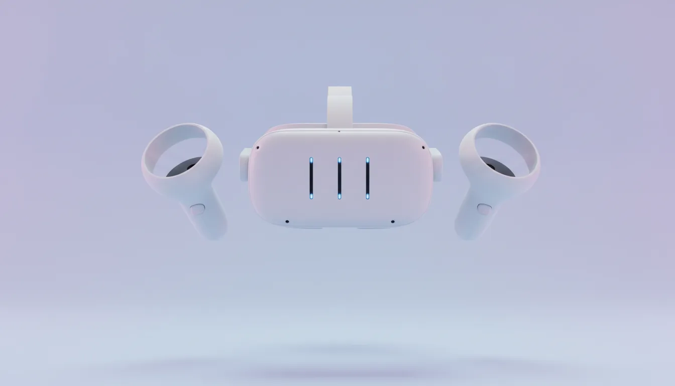 3D product render of a futuristic white virtual reality headset and two matching controllers, floating symmetrically in the center. The headset, seen from the front, has three distinct vertical sensor cutouts. The devices have a sleek, clean design with a matte plastic material. The scene is lit with soft global illumination creating gentle floating shadows, set against a minimalist studio backdrop with a soft, airy gradient of pastel lavender and light blue, Blender style.