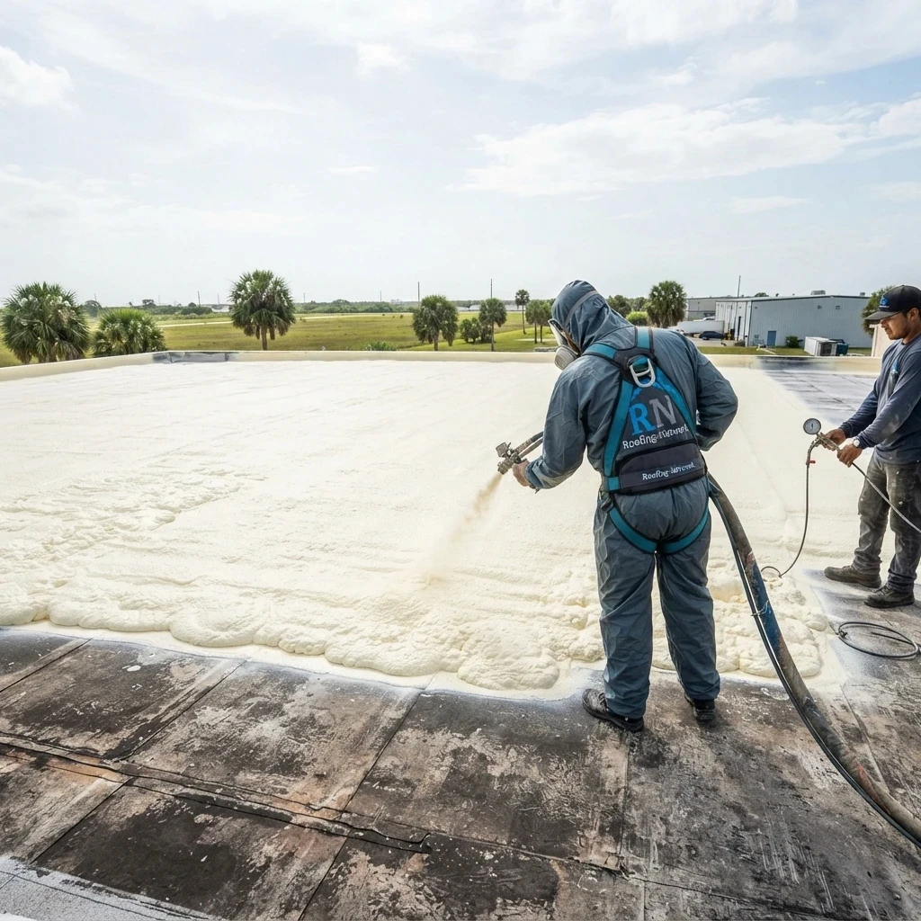 Contractor spraying closed-cell polyurethane foam roofing over an existing commercial roof in Florida