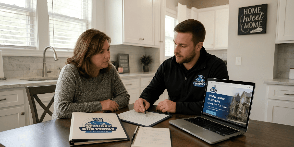 Homeowner reviews paperwork with Cash Offer KY representative at kitchen table beside laptop displaying home buying website.