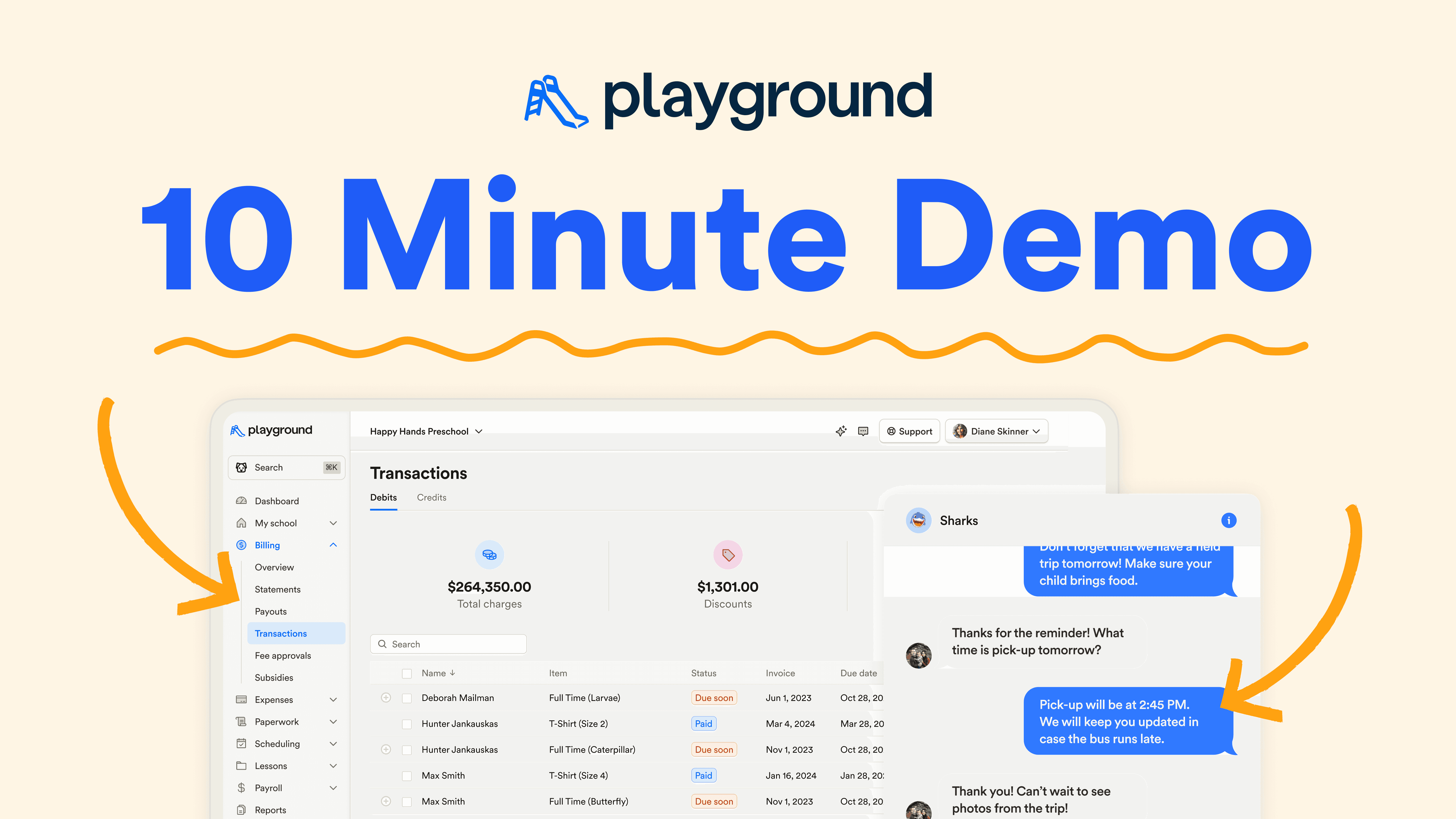 Playground 10 Minute Demo title card with transactions view and Sharks classroom chat