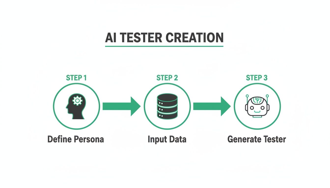 Infographic showing a 3-step process for AI tester creation: define persona, input data, generate tester.