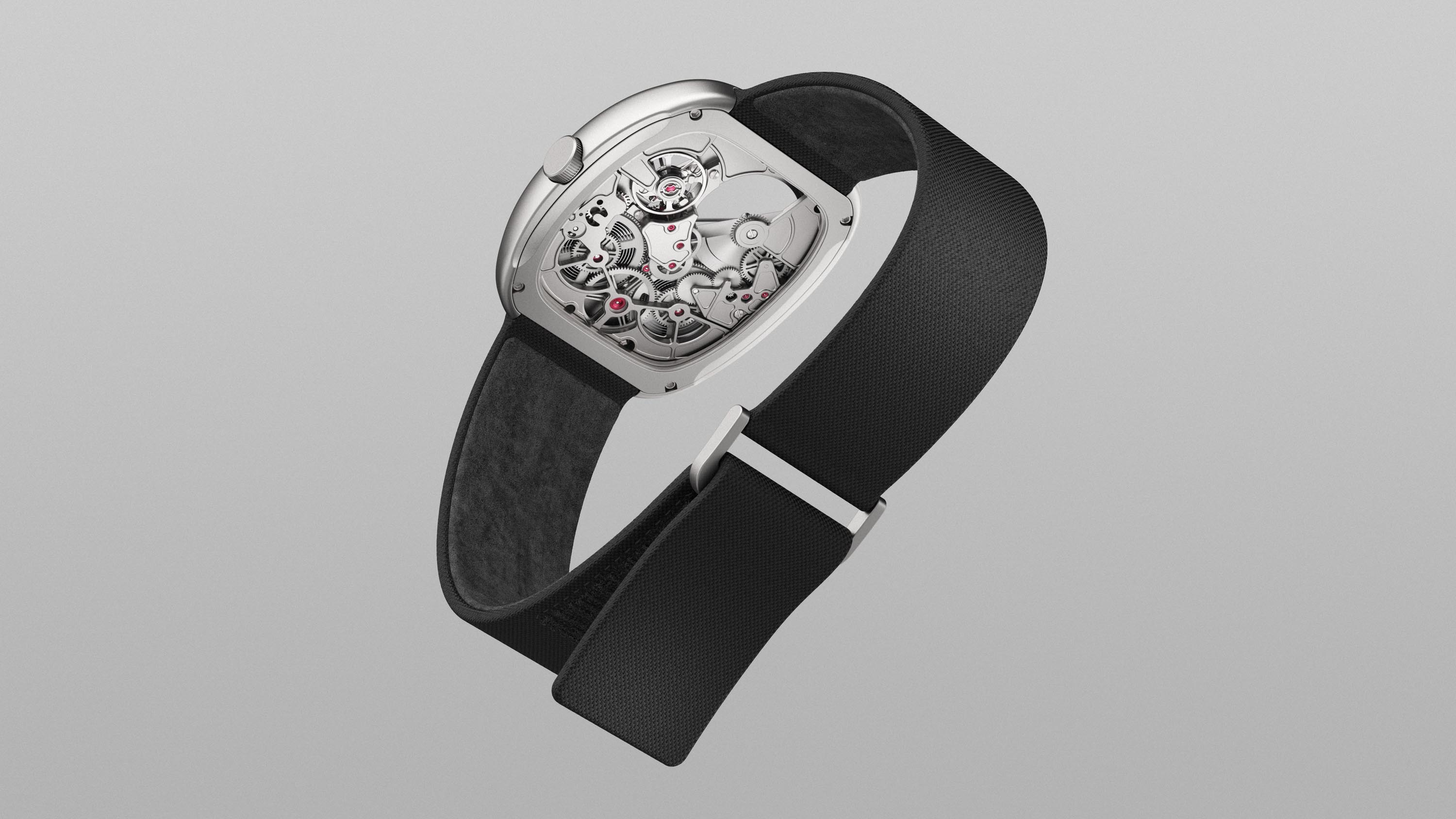 Render vista posteriore 3/4 dell'orologio WRK ACF-02