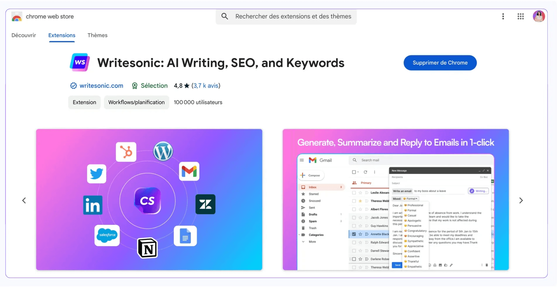 Writesonic Google Chrome extension webpage