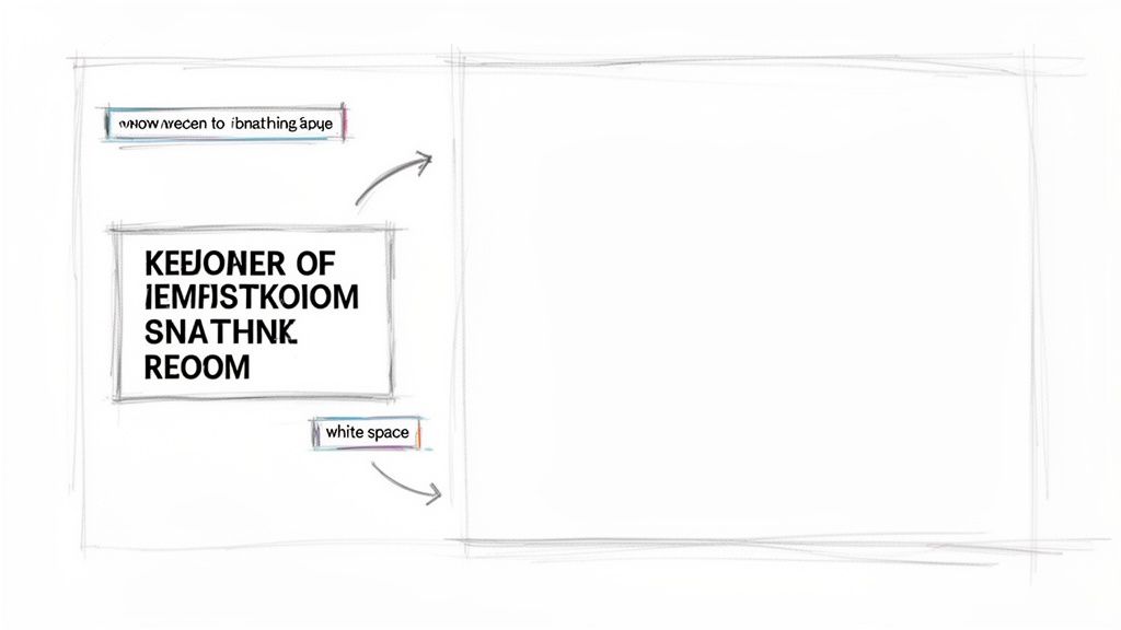 A sketch illustrating a design layout with text boxes, arrows, and a label highlighting 'white space' concept.