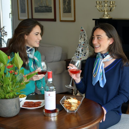 שתי נשים מחייכות ואוחזות בכוסות יין רוזה בזמן שהן יושבות ליד שולחן עם נשנושים ובקבוק יין.