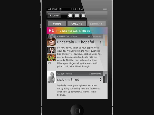 The image shows a screenshot of an iPhone displaying a text message conversation. The top of the screen shows standard iPhone status bar icons: AT&T network connection, time (11:11 AM), and a menu with options for "Expand," "Words," "Colors," and "Library." The conversation is between two individuals: Samantha and Matteo. The top of the conversation shows "Hi" and a colorful bar with "Hi" displayed prominently. Samantha's message reads "uncertain but hopeful," expressing concern about covering up head wounds and returning to regular activities. Matteo's response reads "sick and tired," noting he's not surprised by the situation and appreciates the support. The conversation has 2 comments.