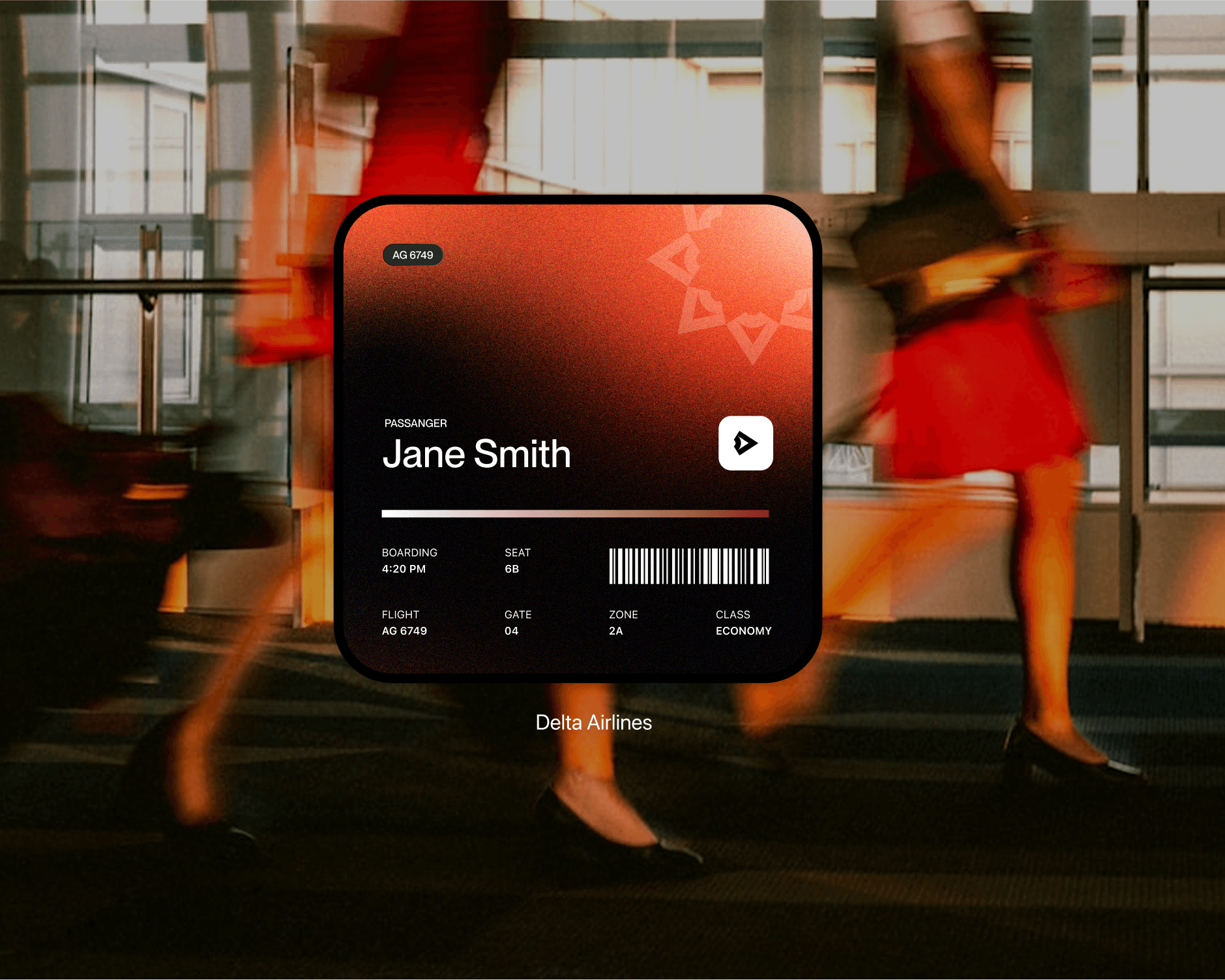 A motion-blurred image of airline crew members walking through an airport terminal, overlaid with a digital flight boarding pass mockup displaying details like passenger name, boarding time, and flight information, with "Delta Airlines" visible.