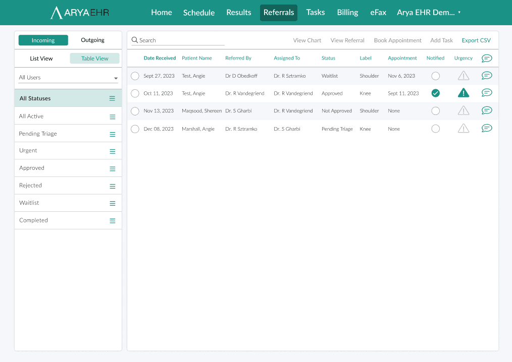 Arya EHR Referral Management