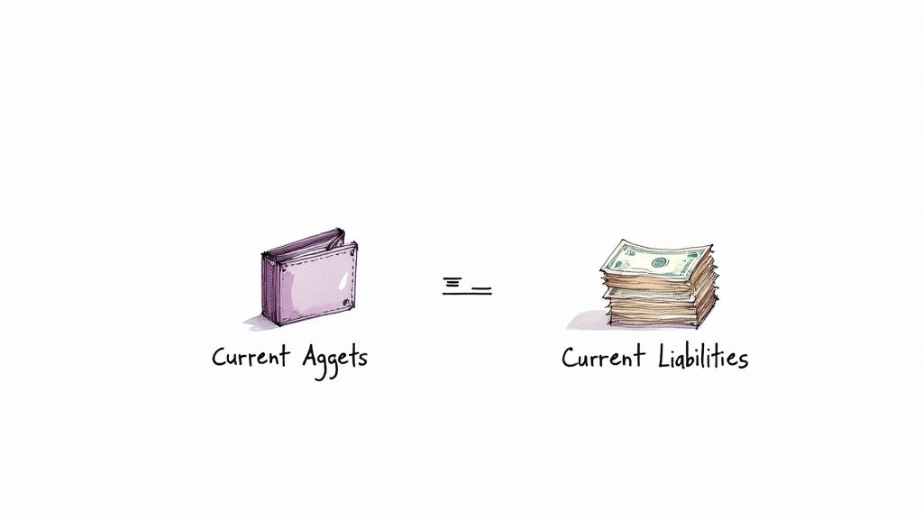 Illustration showing a wallet labeled 'Current Aggests' equal to a stack of money labeled 'Current Liabilities'.