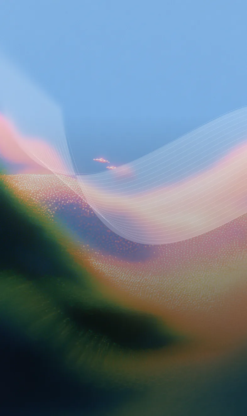 Abstract hero image with soft, undulating waves of blue, green, and pink gradients, subtly textured with fine white lines.
