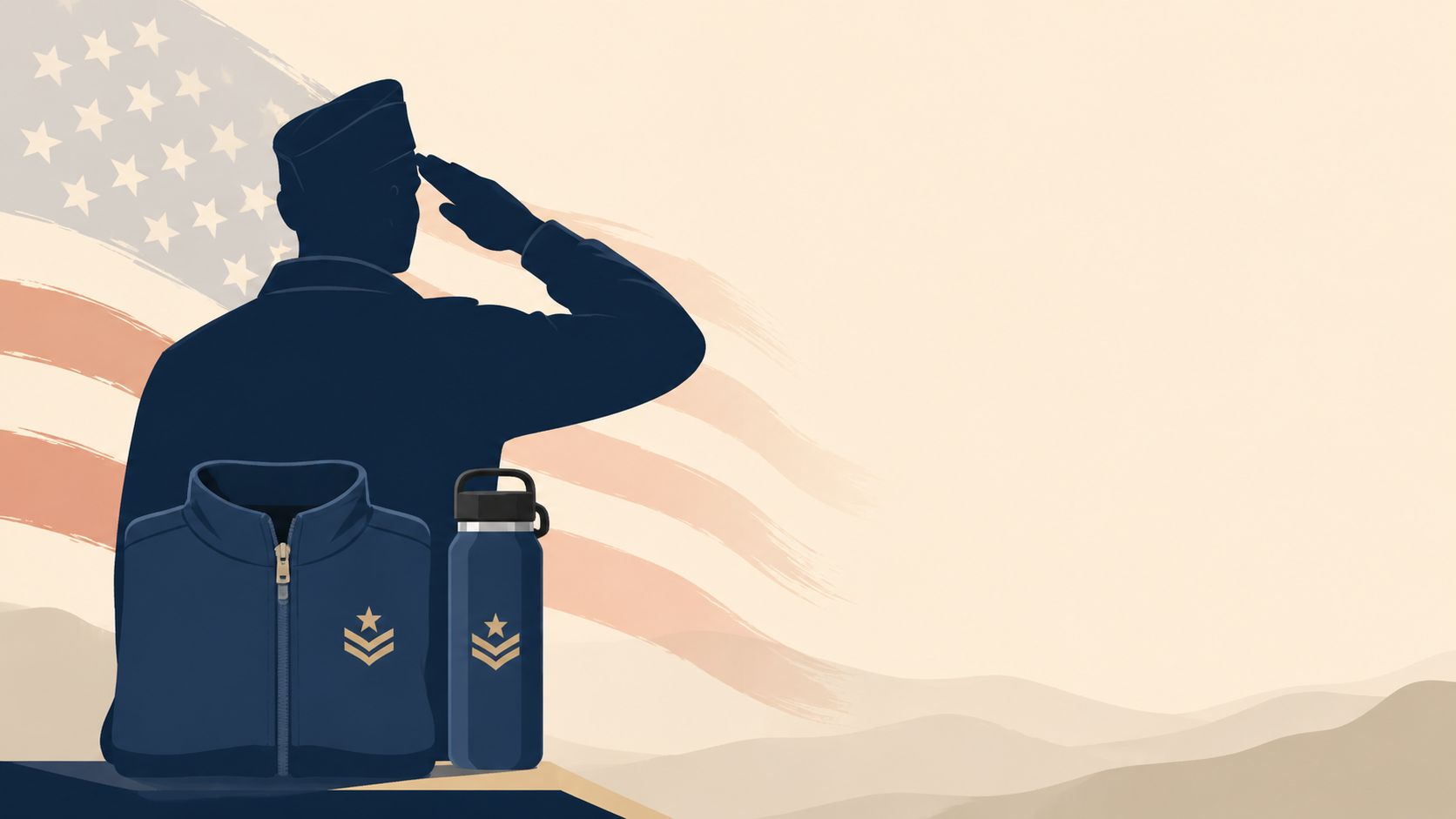 A silhouette of a soldier saluting in front of an American flag with promotional branded merchandise items.