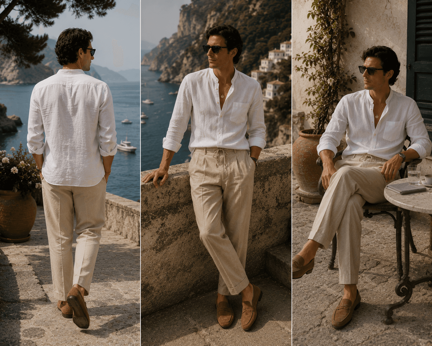 A three-panel full-body fashion lookbook featuring a male model in a relaxed resort wear outfit along the Amalfi Coast. He wears a white long-sleeve linen band-collar shirt with rolled-up sleeves, beige drawstring pleated linen trousers, light brown suede loafers, and dark sunglasses. The left panel shows a rear view leaning against a stone wall overlooking the sea. The middle panel shows a front view leaning against a carved balustrade. The right panel shows him seated at an outdoor stone terrace bistro table.