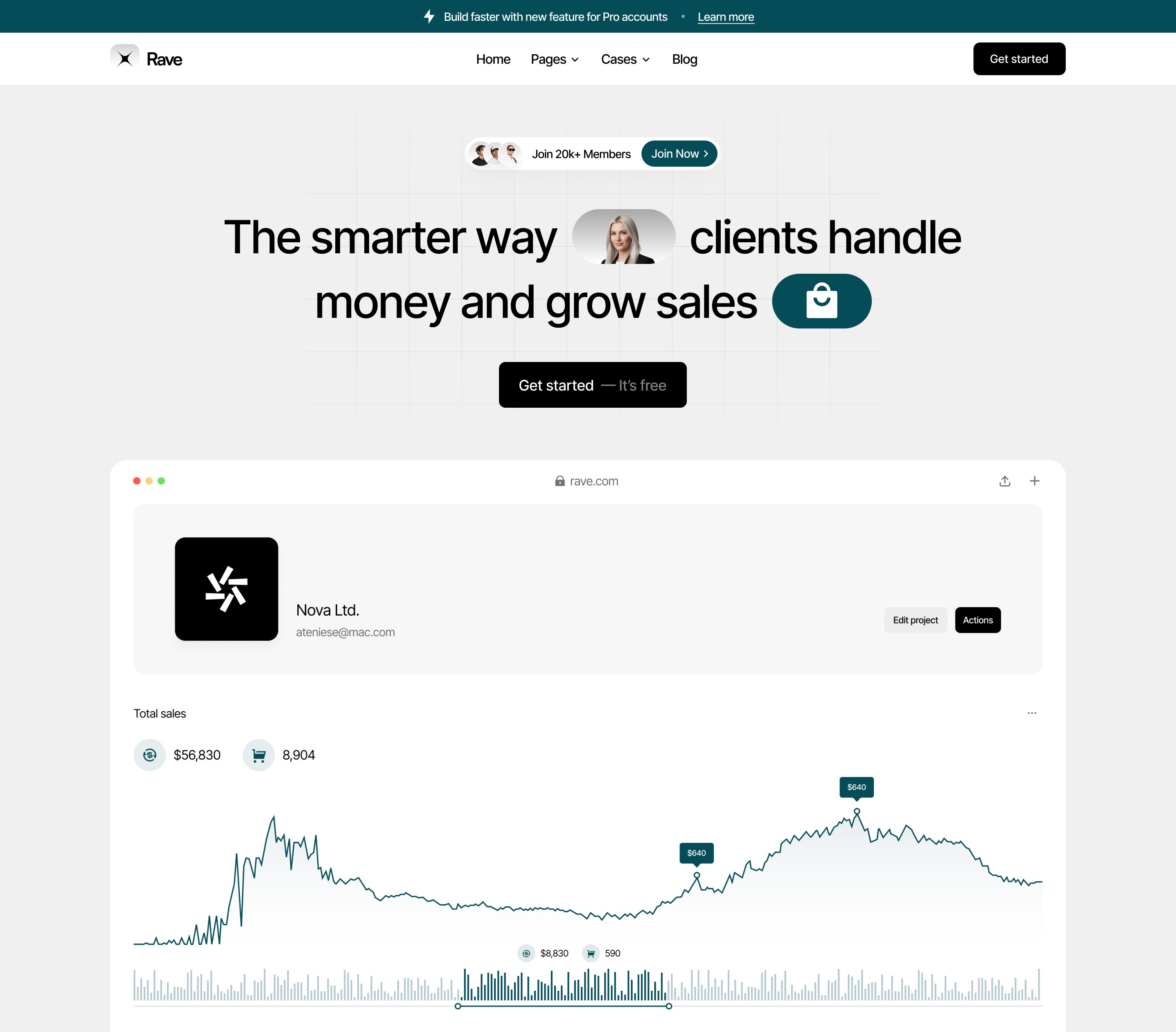 Hero section with analytics dashboard demo
