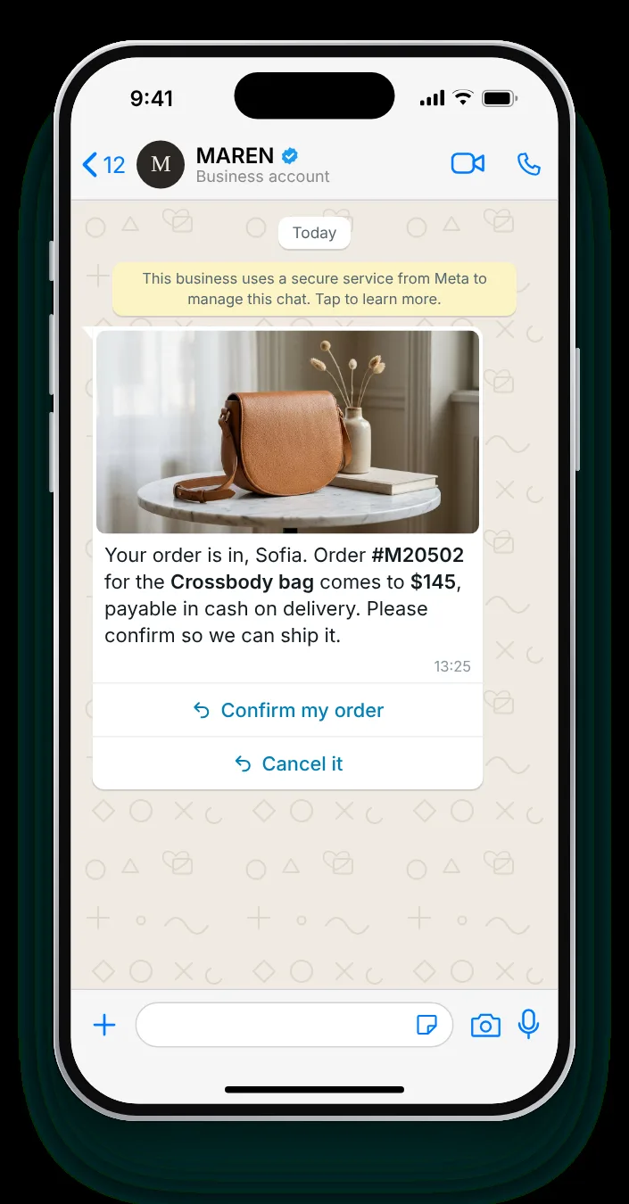 Two buttons before dispatch: WhatsApp COD confirmation on an iPhone