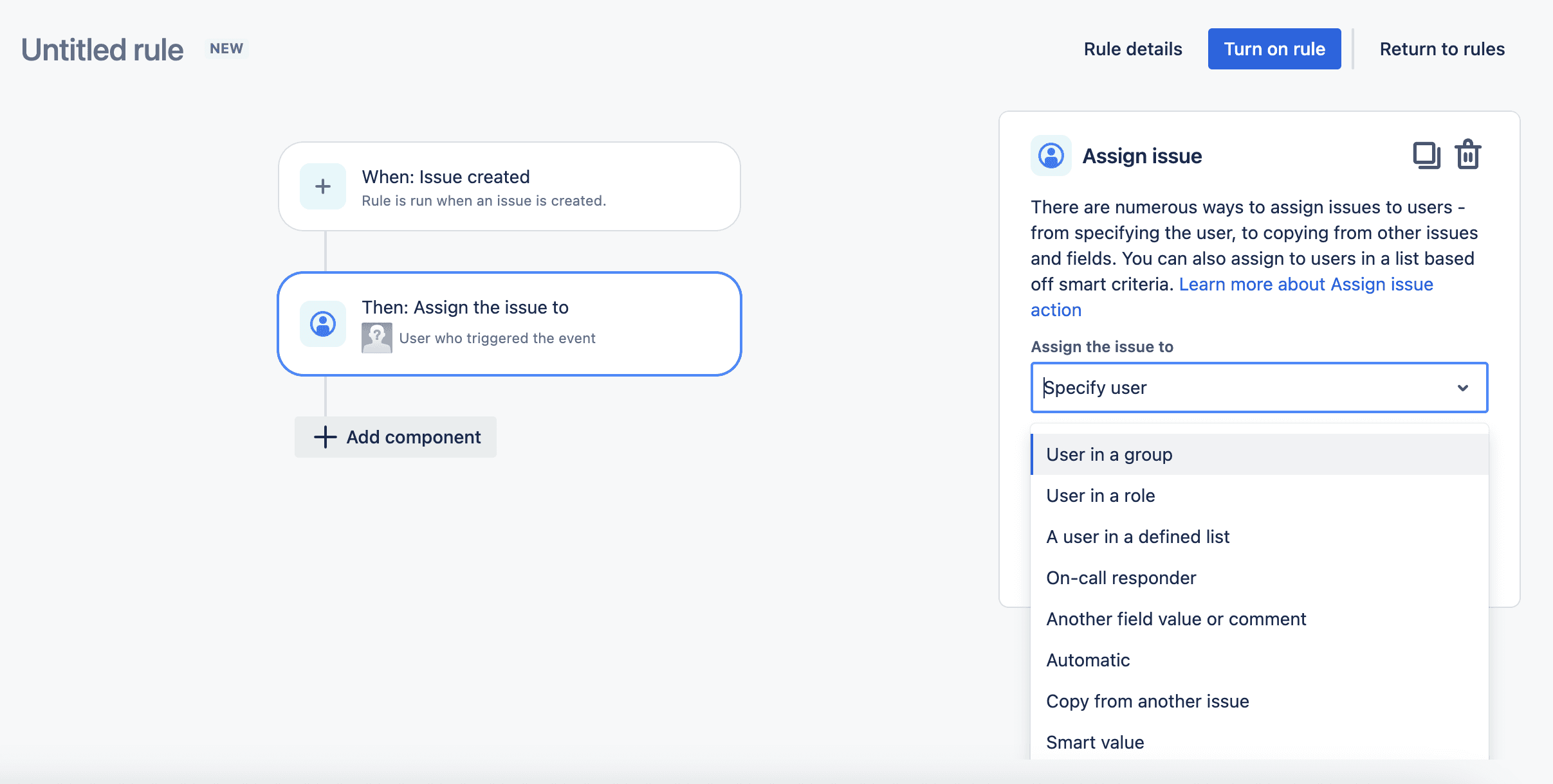 The automation rule builder showing an 'Issue created' trigger and an 'Assign issue' action, which updates the issue object.