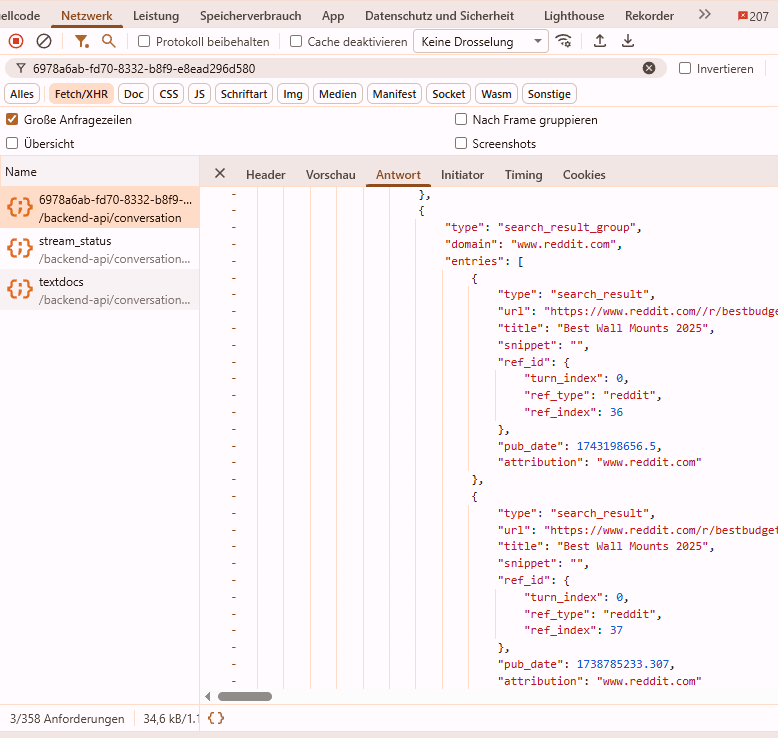 Screenshot Entwicklertools Chrome in ChatGPT Oberfläche geöffnet - Netzwerk, Antwort