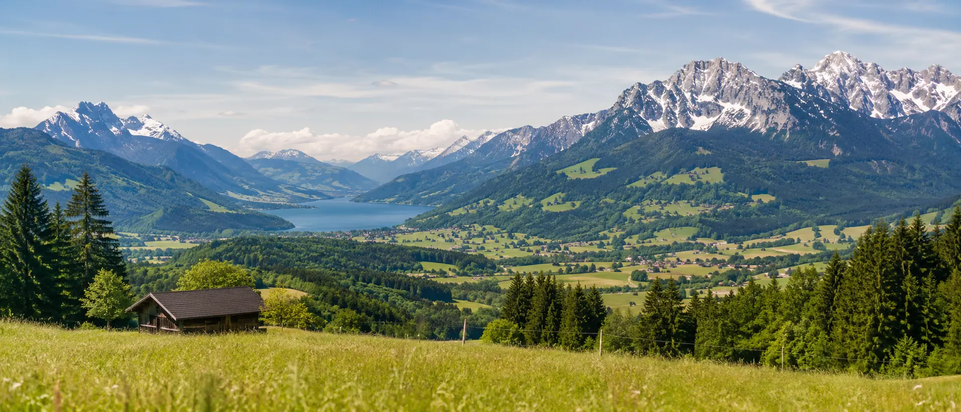 DACH-Landschaft mit bayerischen Alpen, Tiroler Bergtal und Schweizer Bergwiesen