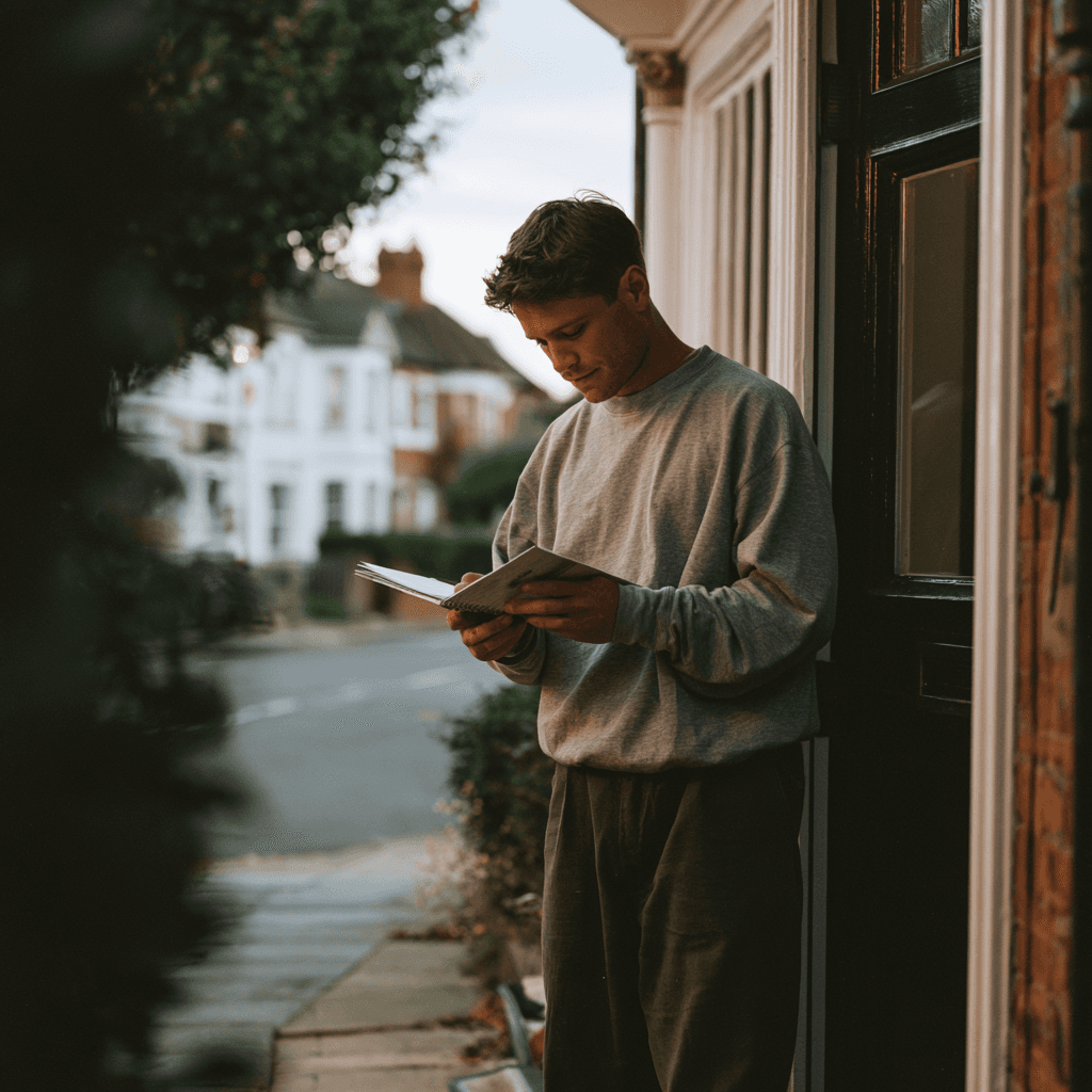 A man closing his notebook and stepping outside for a walk