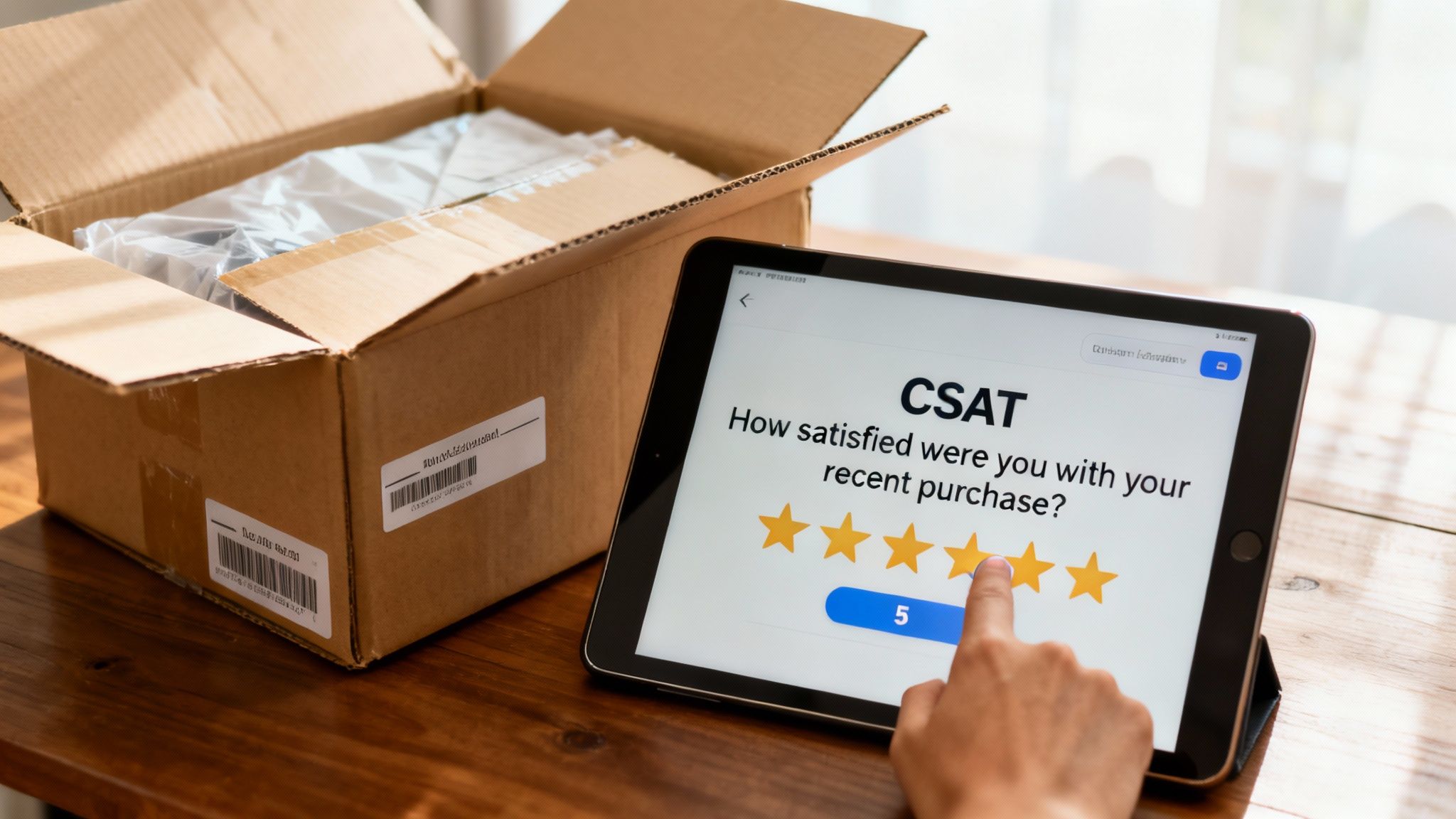 A hand rates a customer satisfaction survey on a tablet next to an open delivery box, indicating excellent service.