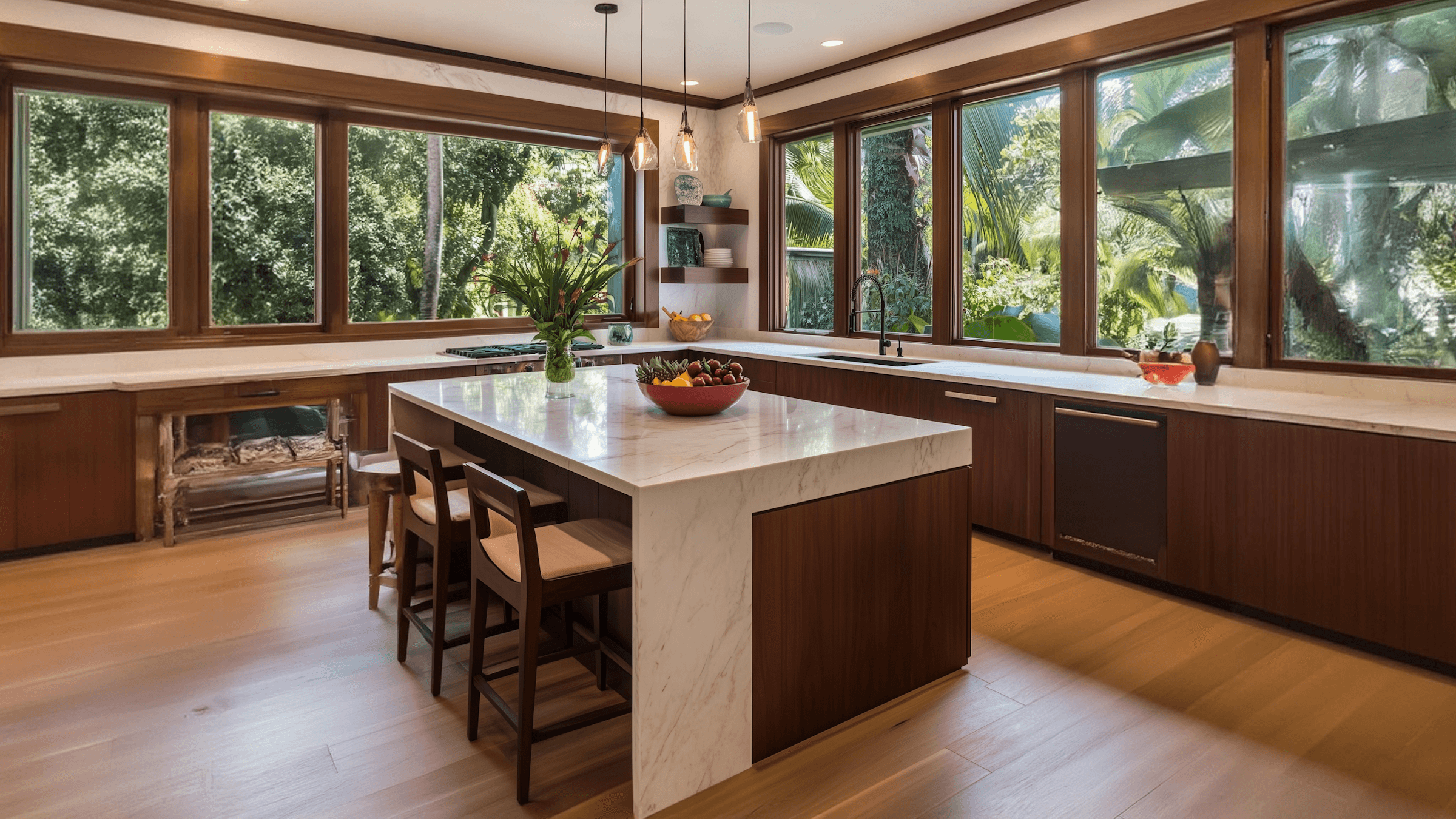 A bright kitchen featuring large windows, a central island with seating, and wooden cabinetry.