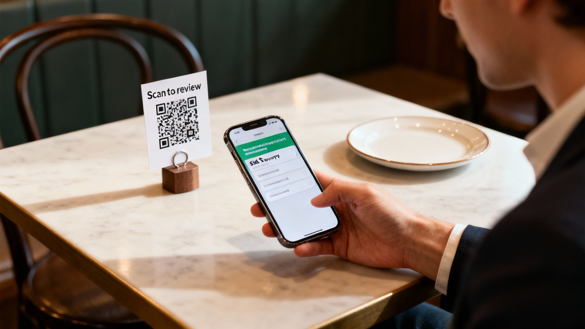 A person uses their smartphone to scan a 'Scan to review' QR code on a cafe table.