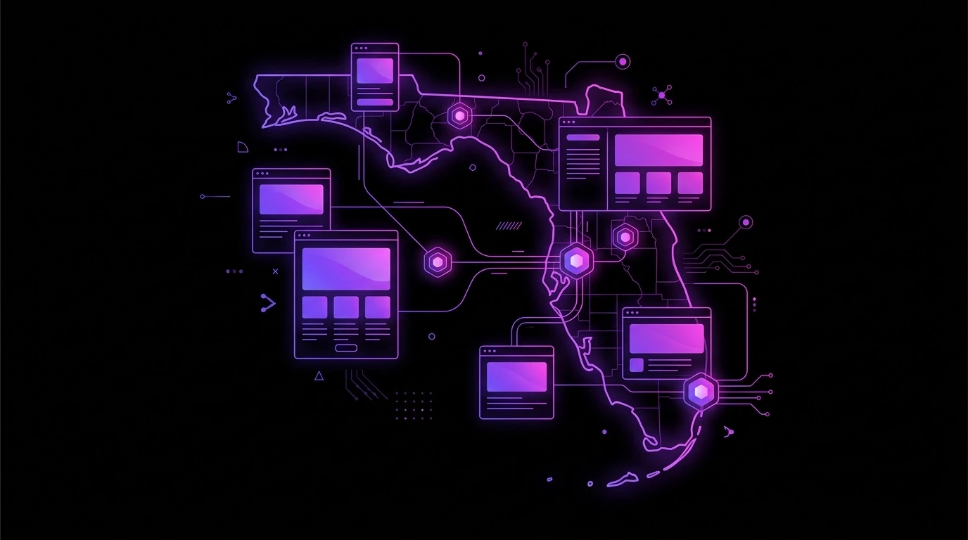 a futuristic purple graphic of Florida with websites floating around it
