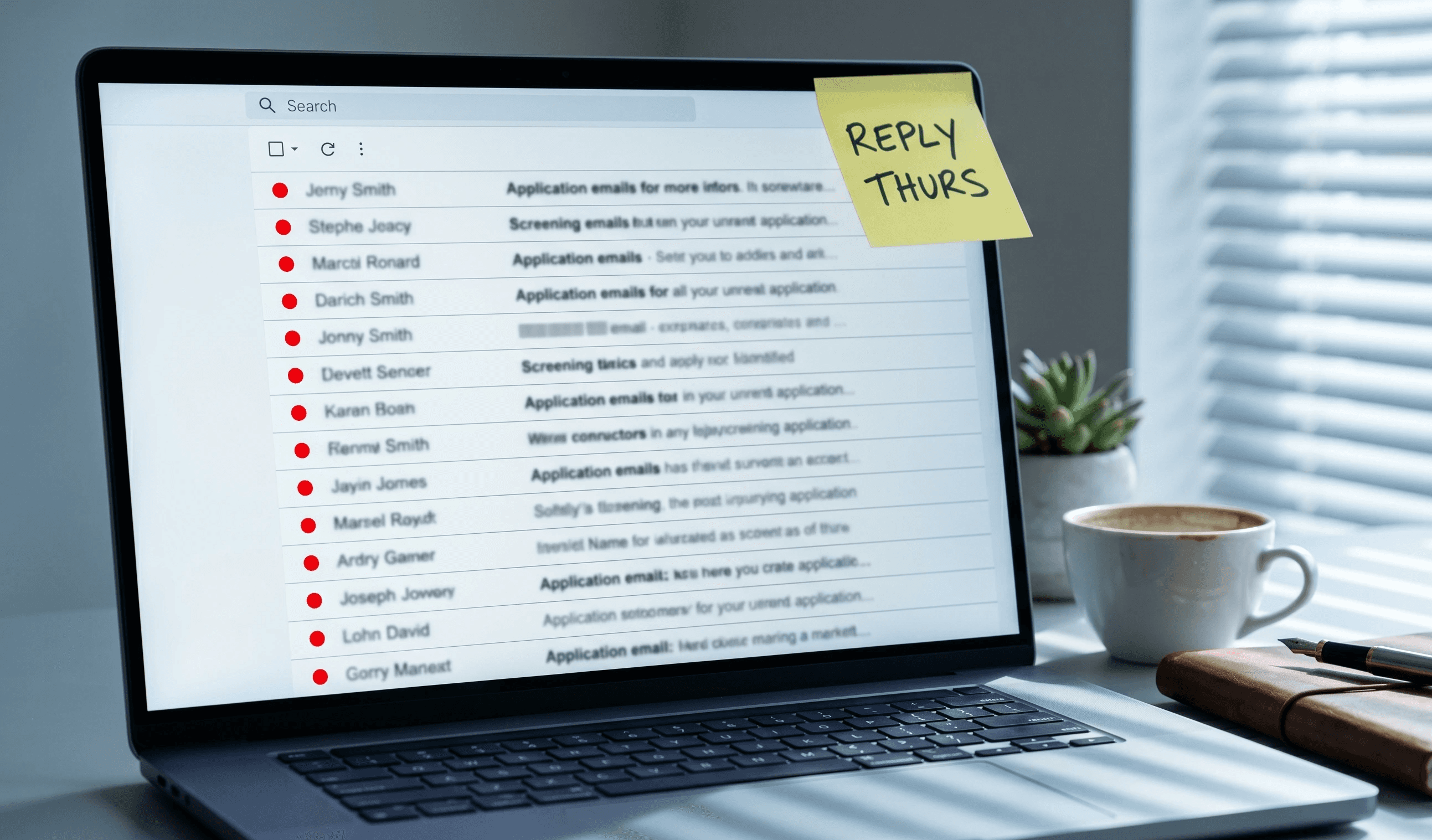 Recruiter inbox showing unread applications dating back 5 days — represents 3-day screening delays losing candidates to competitors.