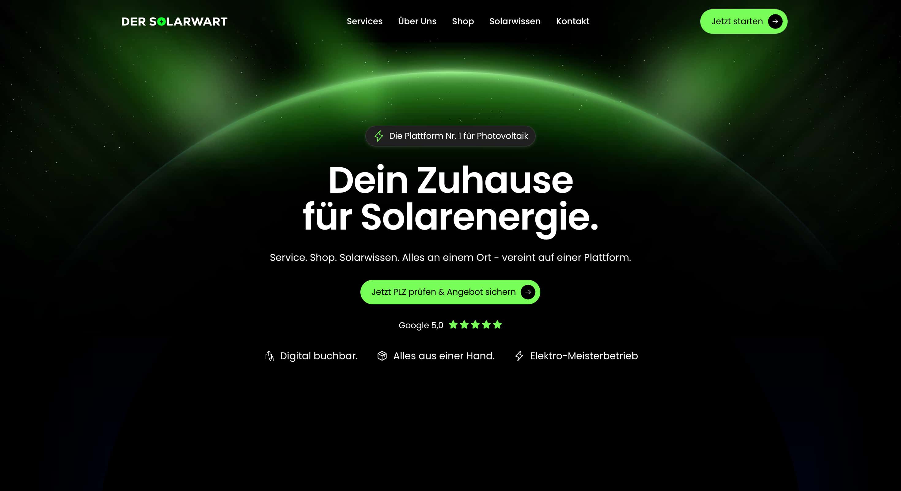 Vollflächiger Screenshot einer modernen Photovoltaik-Landingpage mit interaktiven Elementen – Professionelles Webdesign für Solarfirmen von Webnity-X.