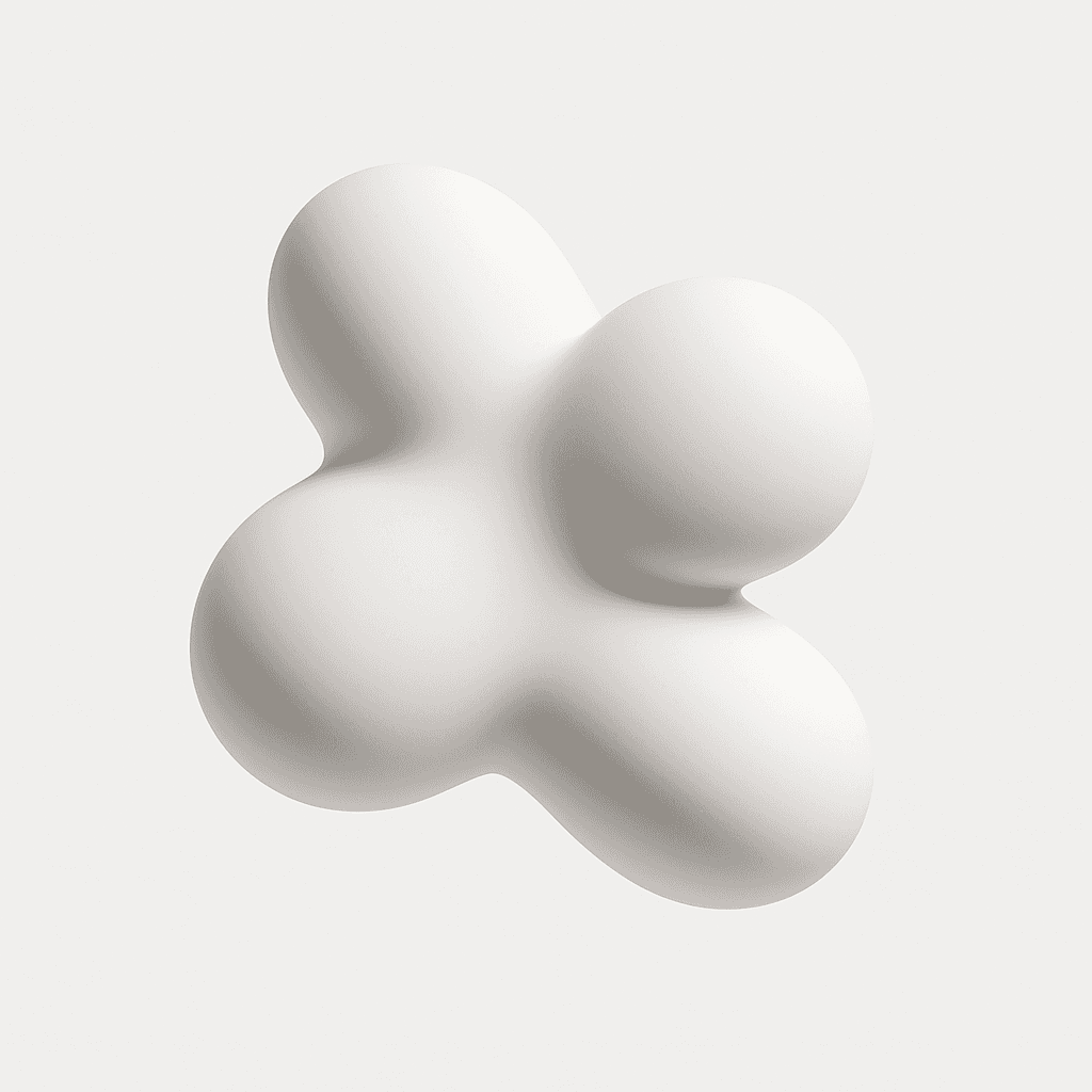 Minimalist 3D render of a soft, cloud-like organic shape in matte white, floating against a light grey background.