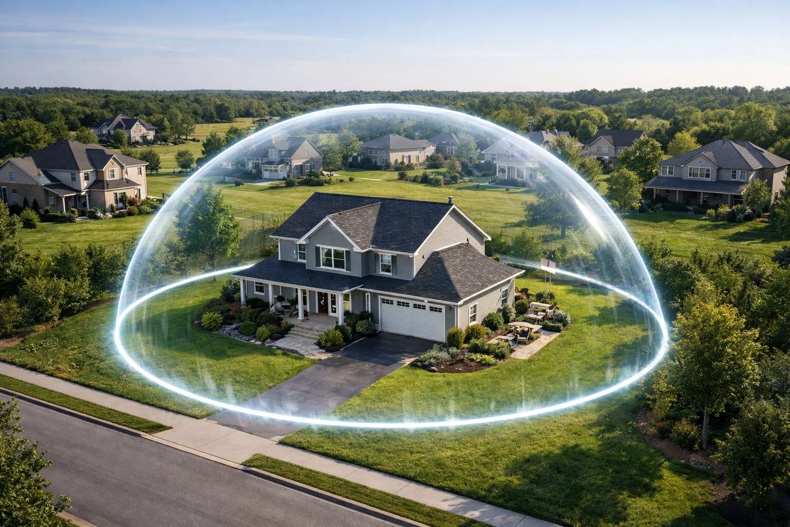 House surrounded by a clear protective boundary, with nearby family homes untouched, symbolizing long-term protection and harmony.