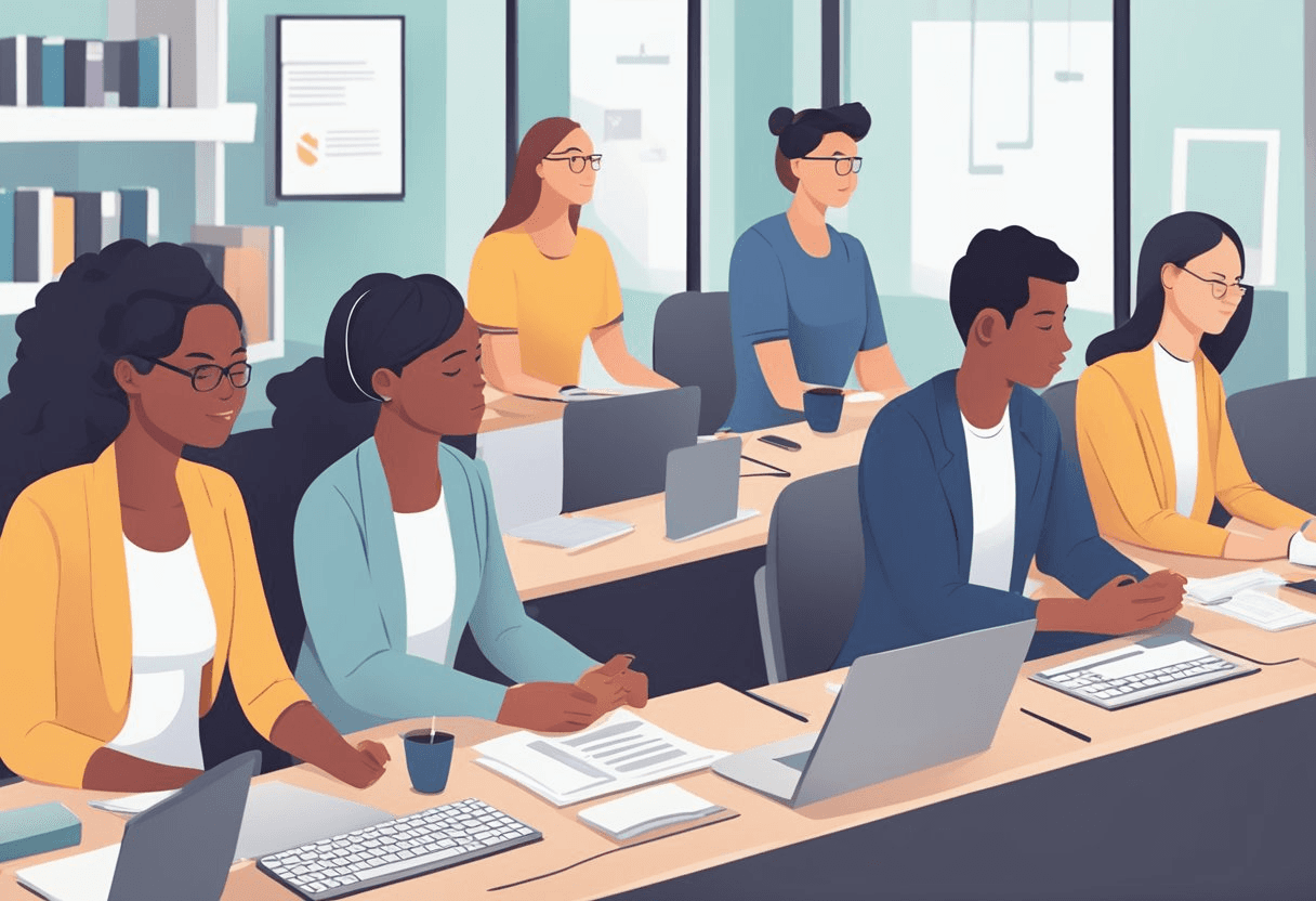 Employees engaging in mindfulness exercises at their desks, HR promoting mental health resources, recruitment team prioritizing well-being