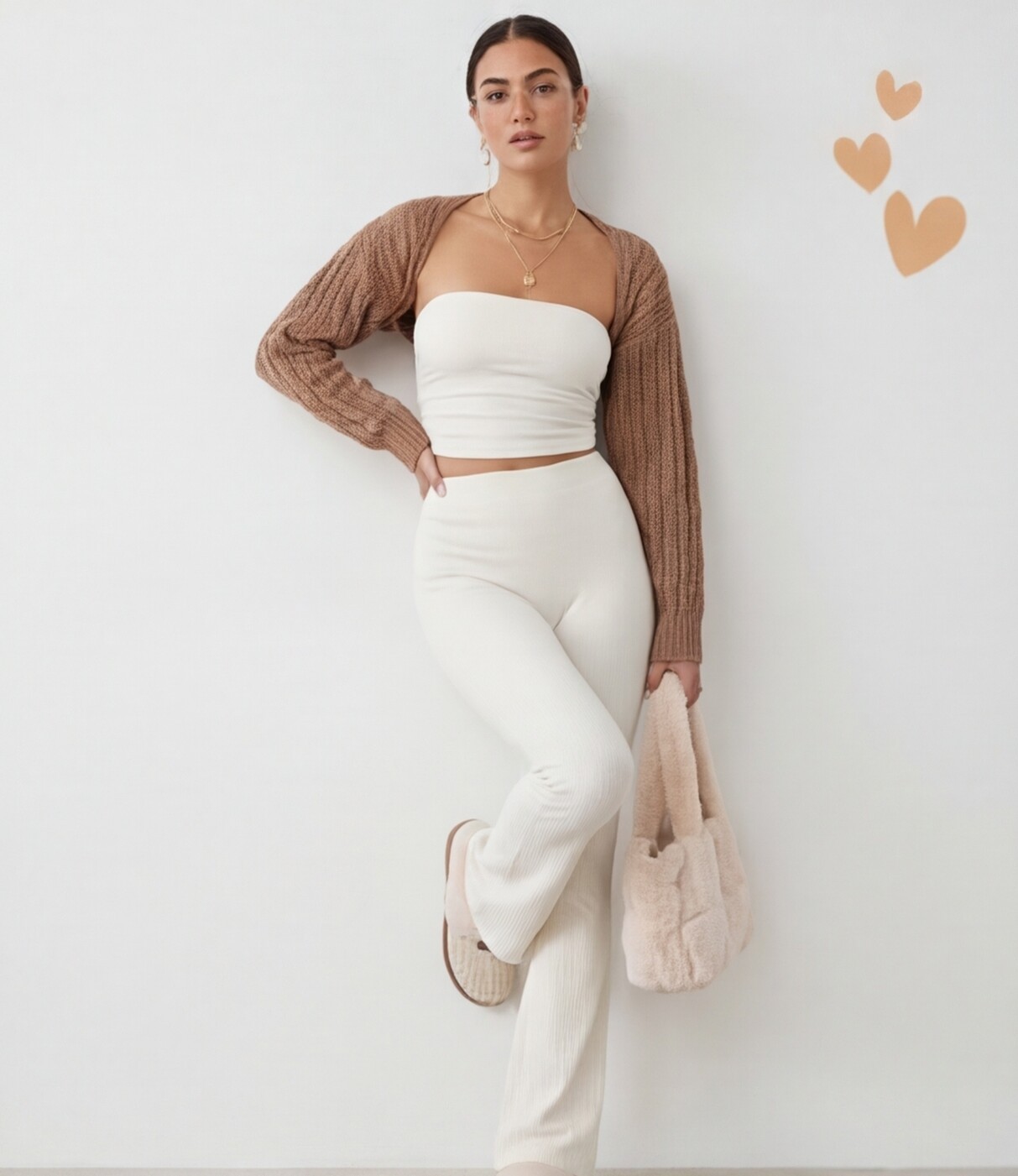 White Wrap Crop Top with Caramel Cardigan and Cream Flare Pants