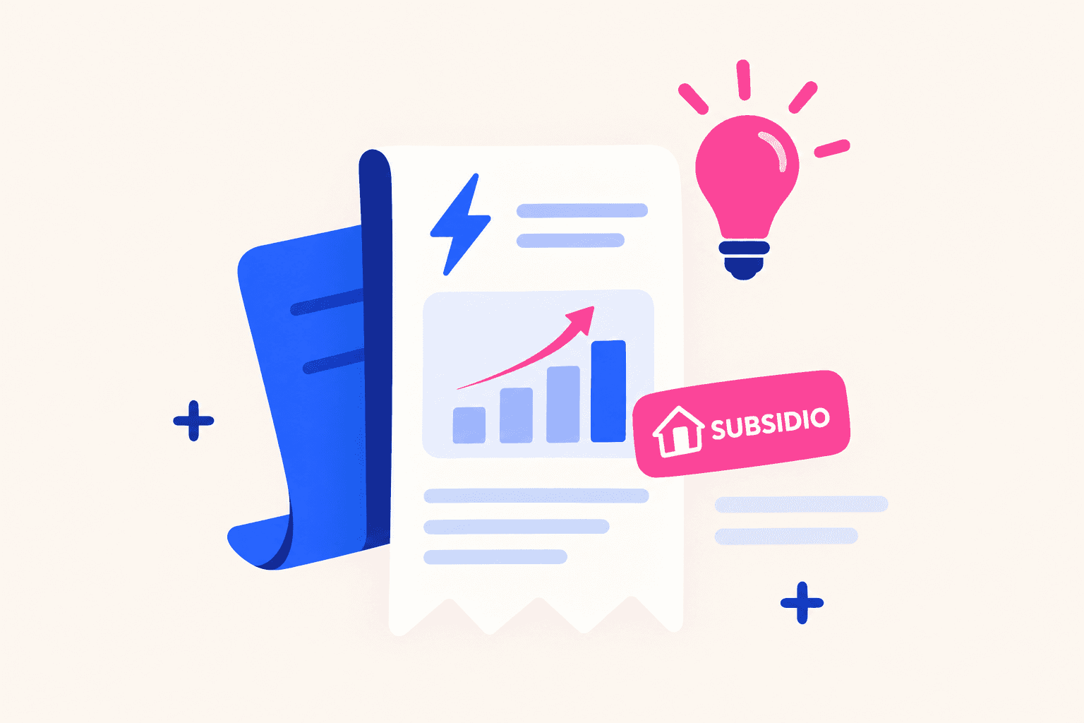 Ilustración editorial de una boleta de electricidad con símbolo de rayo en cobalto, un gráfico de barras ascendente con flecha magenta, una bombilla magenta iluminada, y una etiqueta magenta con símbolo de casa y la palabra Subsidio, sobre fondo crema pale — representando el alza de tarifas eléctricas y el subsidio de luz en Chile.
